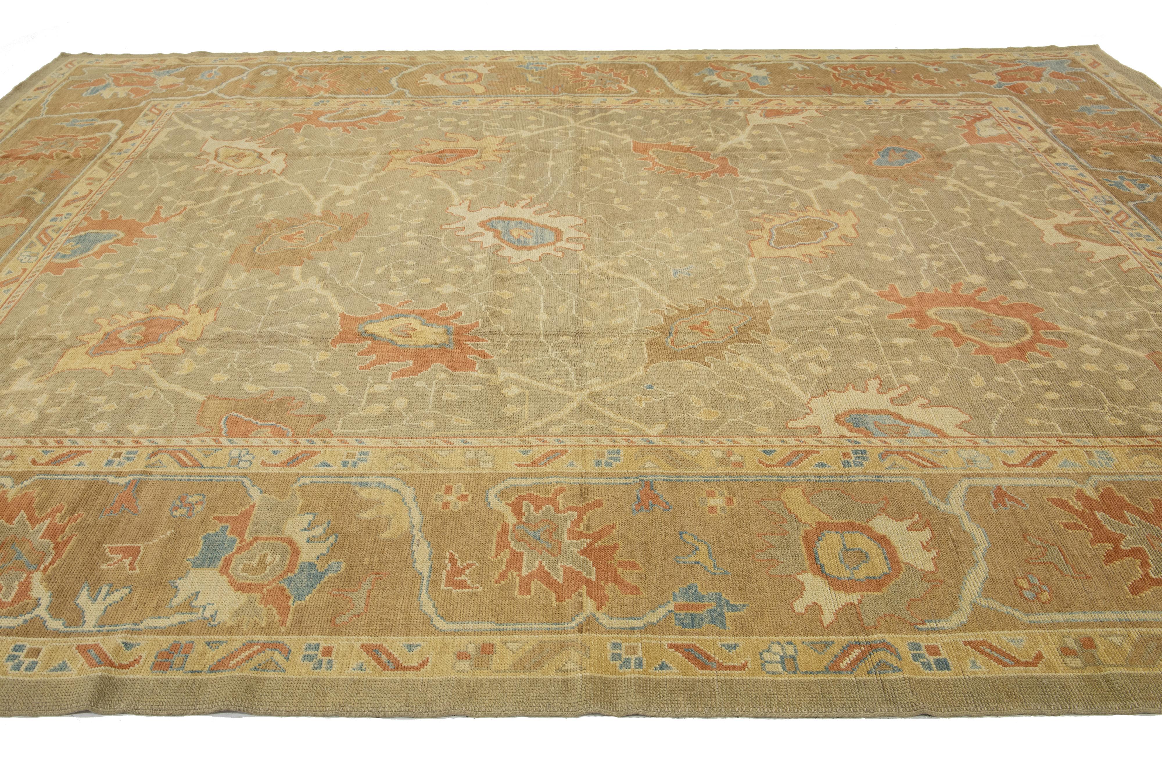 Hand-Knotted Oversize Modern Oushak Wool Rug In Tan Color with Floral Motif For Sale