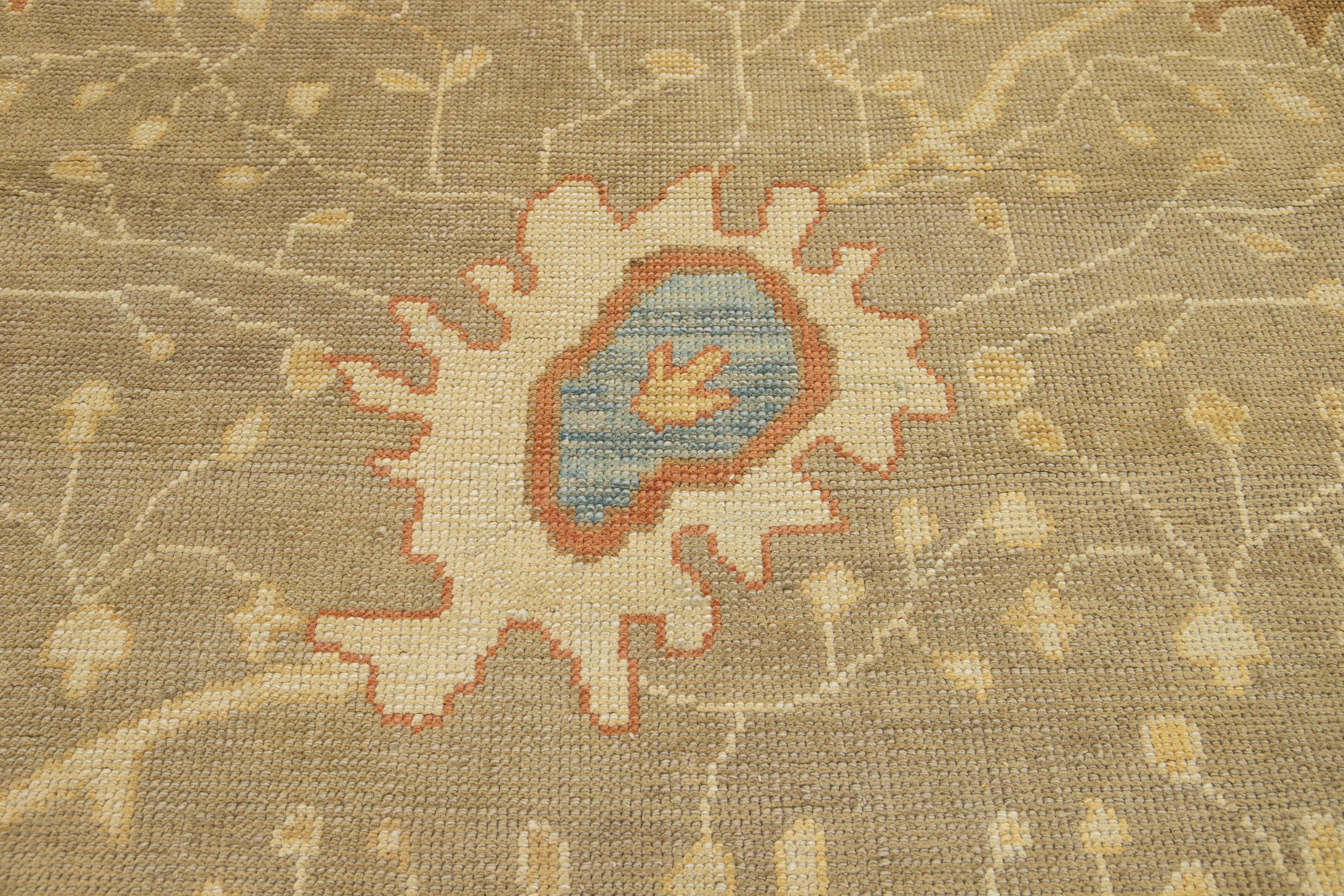 Contemporary Oversize Modern Oushak Wool Rug In Tan Color with Floral Motif For Sale