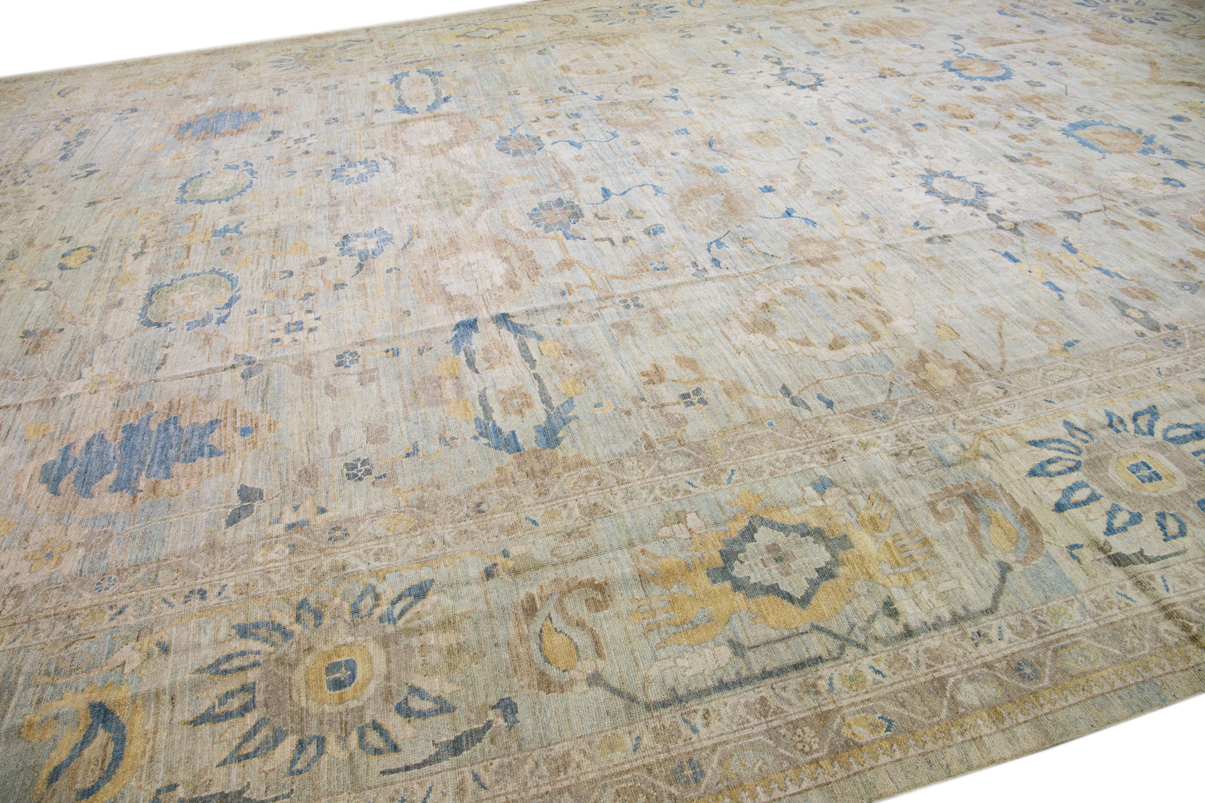 Moderner Sultanabad Blauer handgefertigter Teppich aus Wolle in Übergröße (21. Jahrhundert und zeitgenössisch) im Angebot