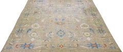 Oversize Modern Sultanabad Handmade Beige Wool Rug with Floral Design