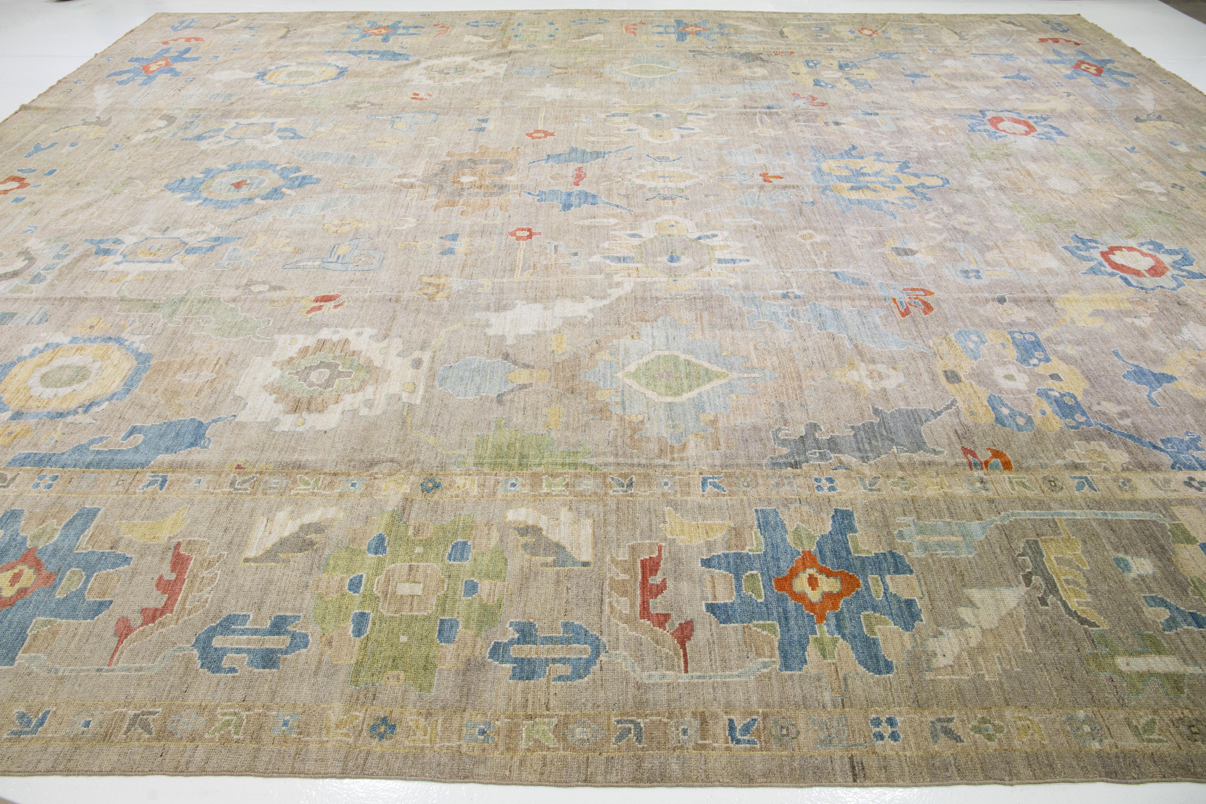 Moderner handgefertigter Sultanabad-Wollteppich in Beige in Übergröße mit Blumenmuster im Angebot 4