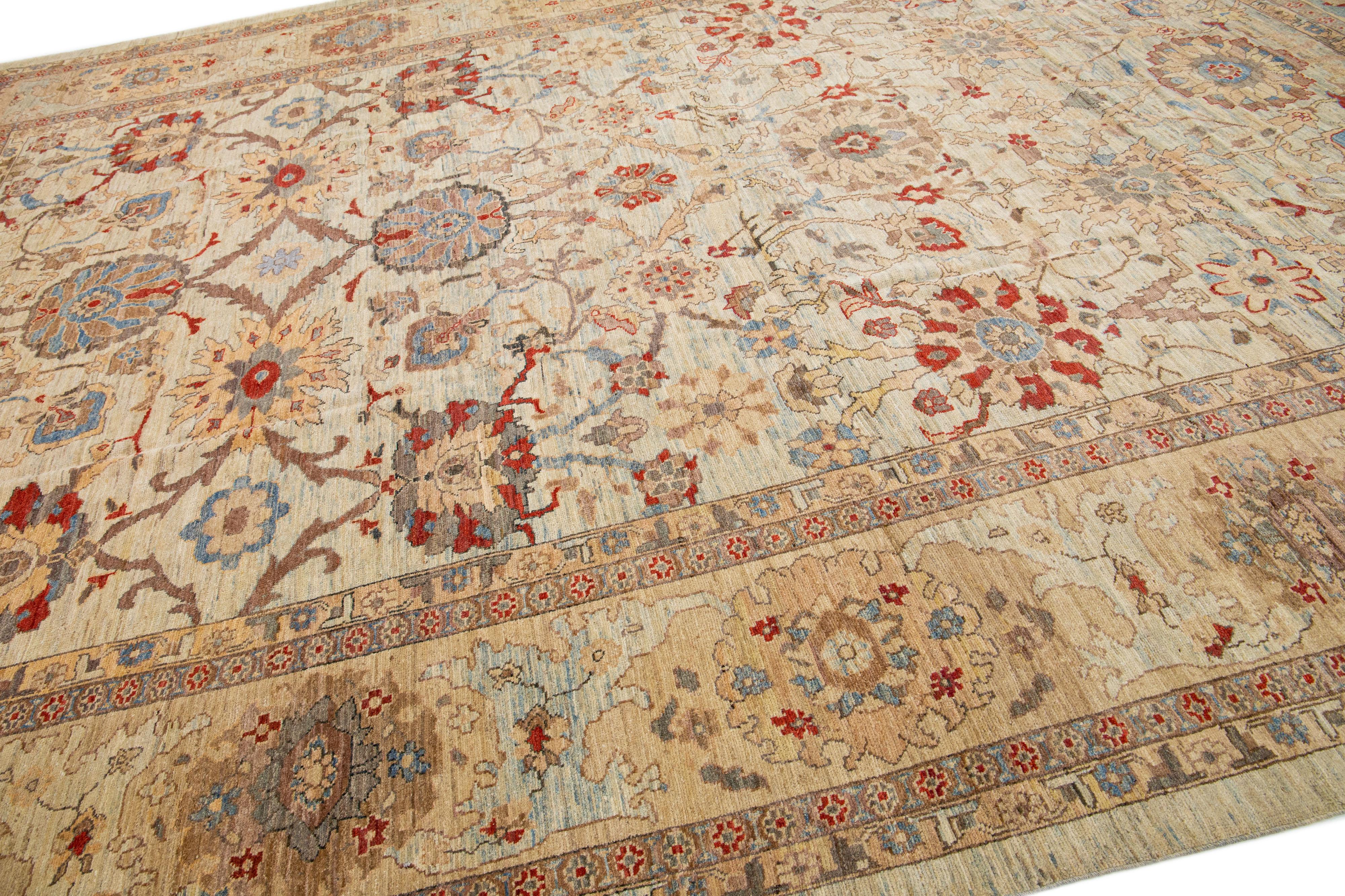 Noué à la main Tapis moderne surdimensionné en laine de Sultanabad fait à la main avec un motif floral en bleu clair en vente
