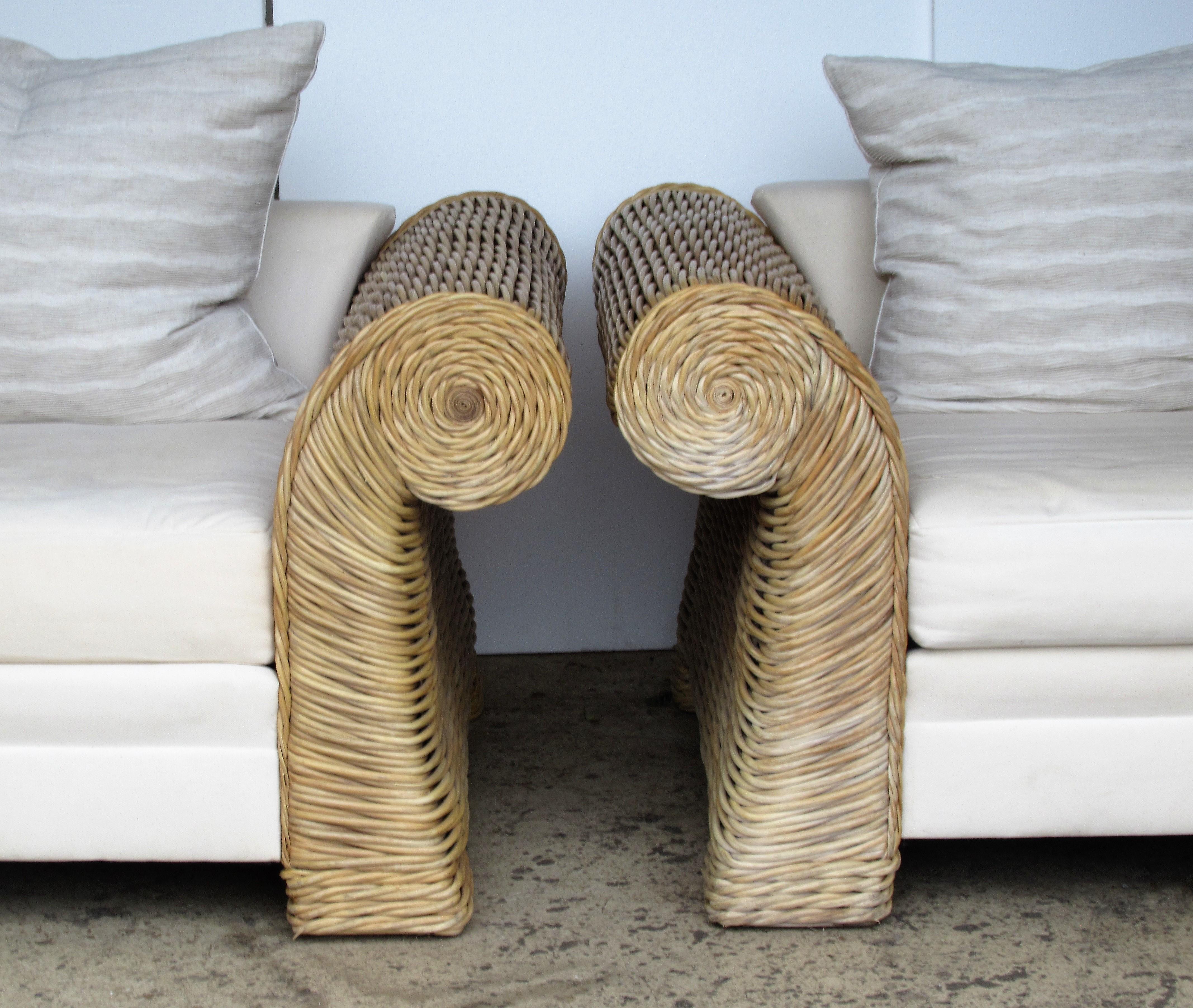 A pair of very large-scale natural woven rattan roll arm lounge chairs by O-Asian Designs, Inc. - circa 1980. Exceptional quality heavy weight solid construction. Great looking California contemporary style. . Look at all pictures and read condition
