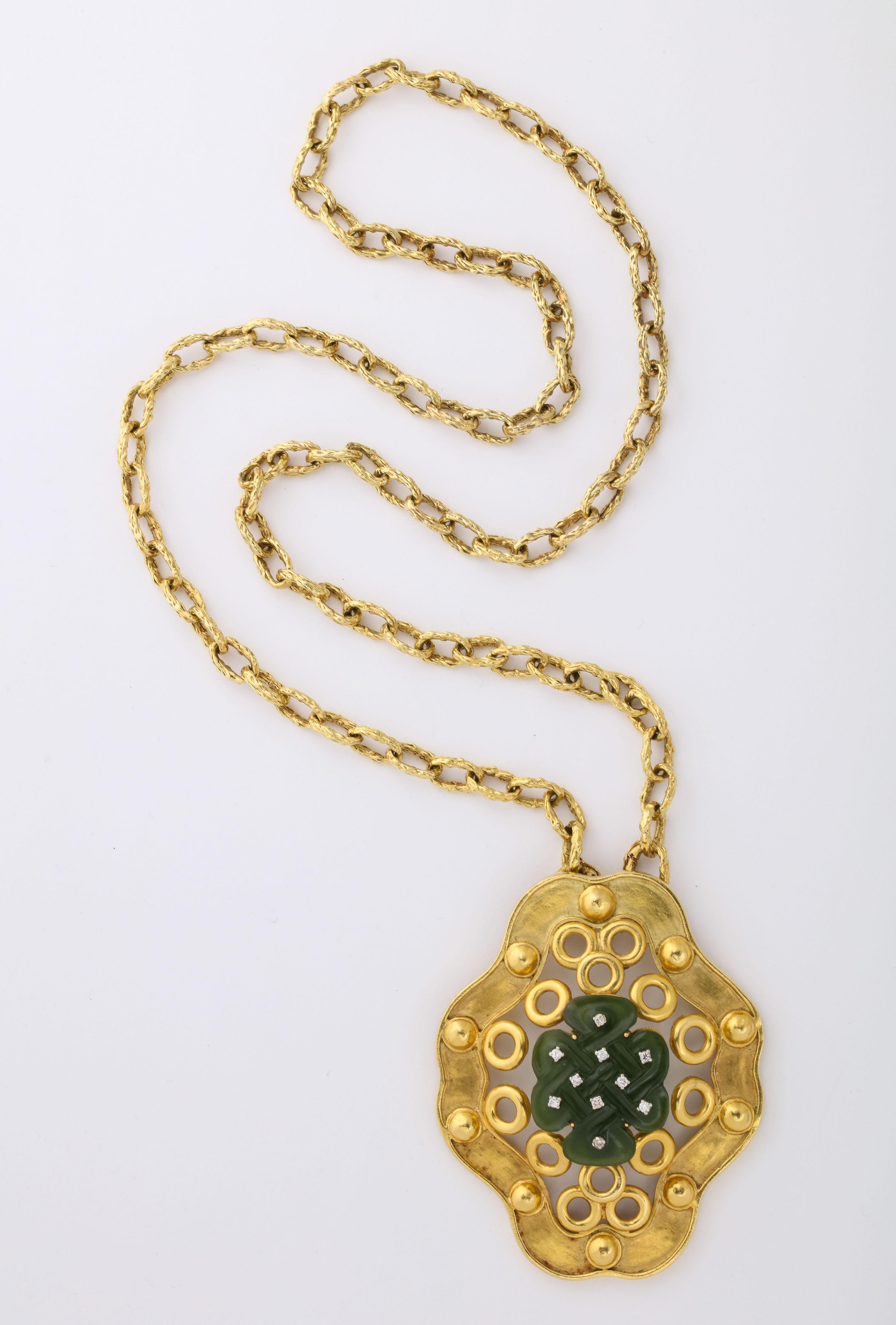 Italian Oversize Pendant with Hand Carved Chinese Nephrite Infinity Chain set with 10 full cut clean white Diamonds - Approximately 10pt. total and hanging from a Removable 18kt Textured 28