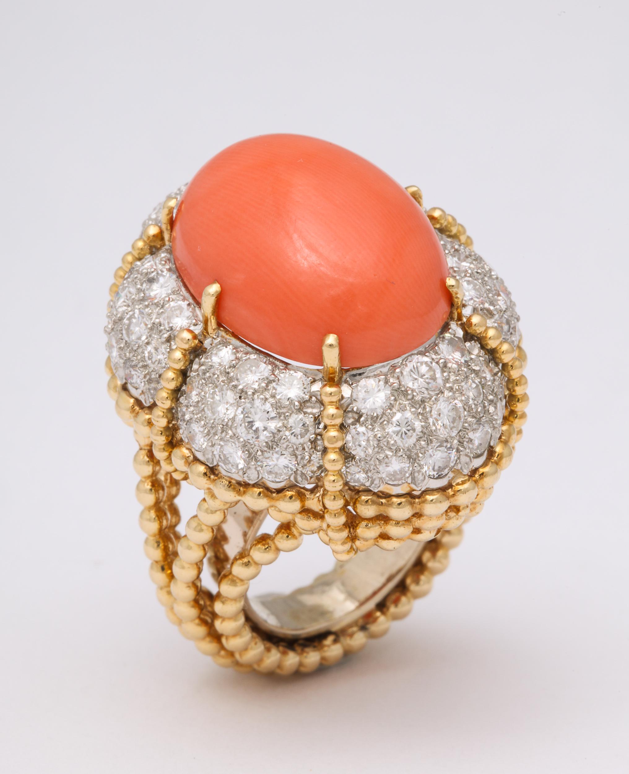 Baroque Oversize Orange Coral and Pave Diamond Ring