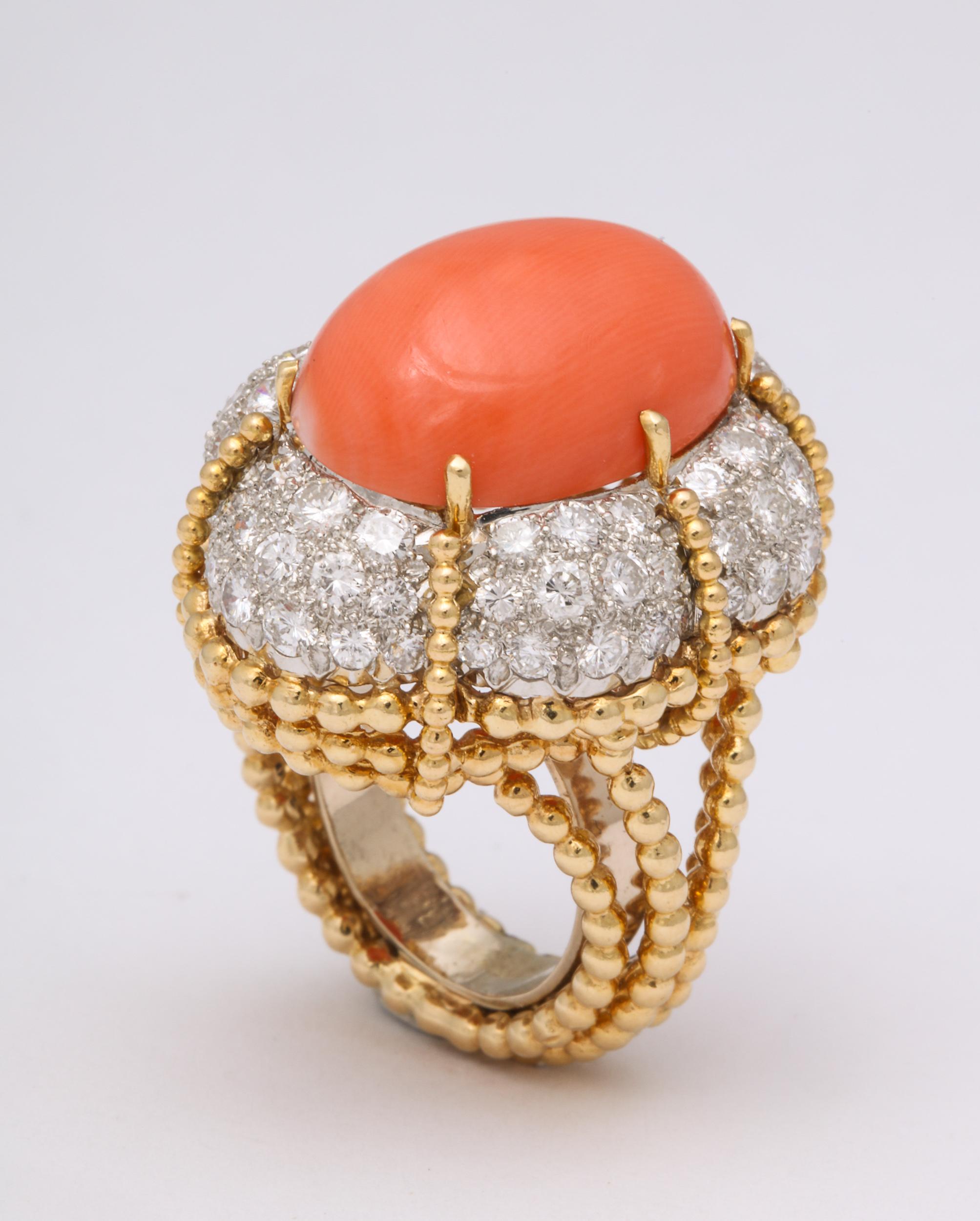 Oversize Orange Coral and Pave Diamond Ring In Excellent Condition In New York, NY