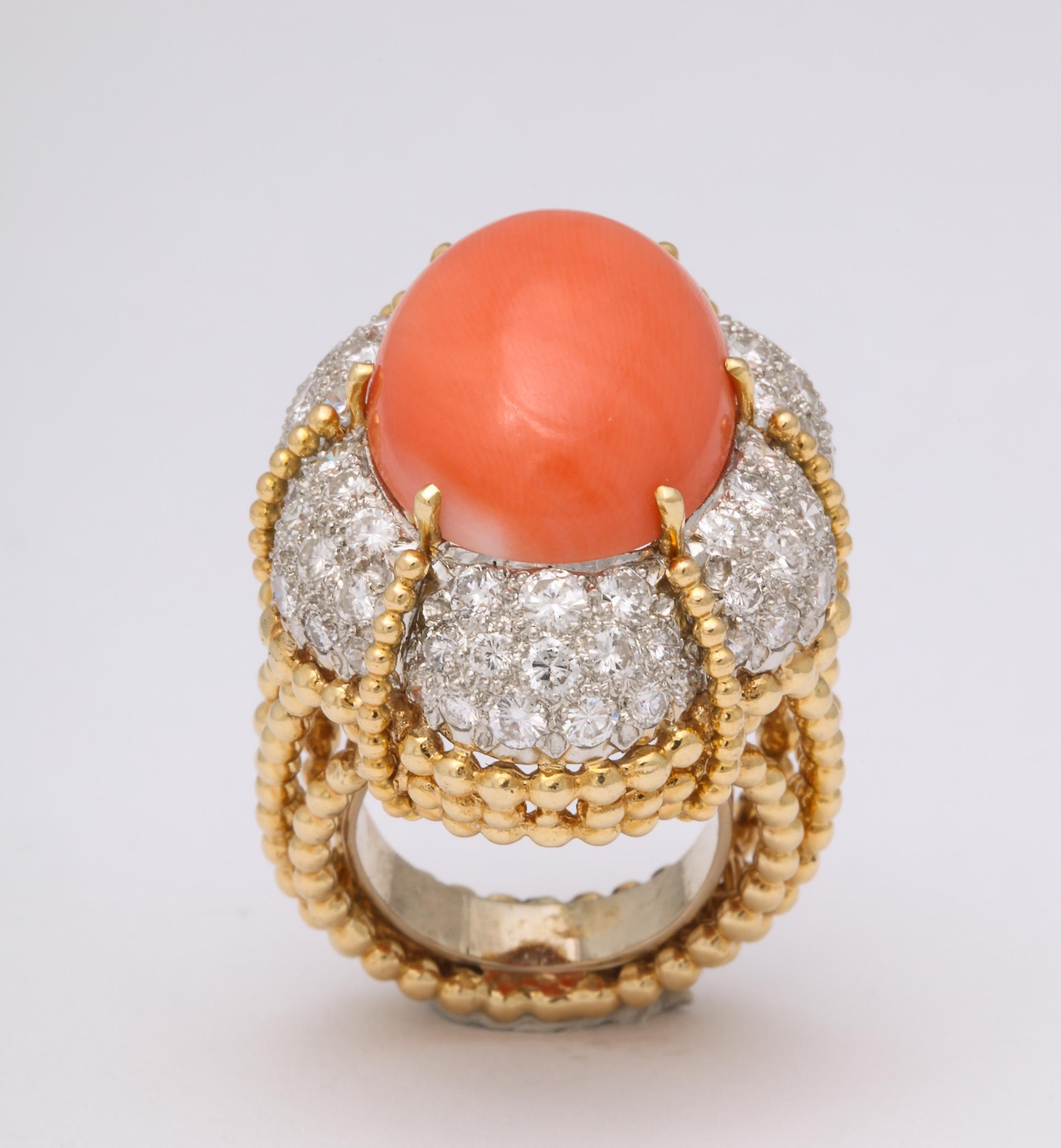 Women's Oversize Orange Coral and Pave Diamond Ring