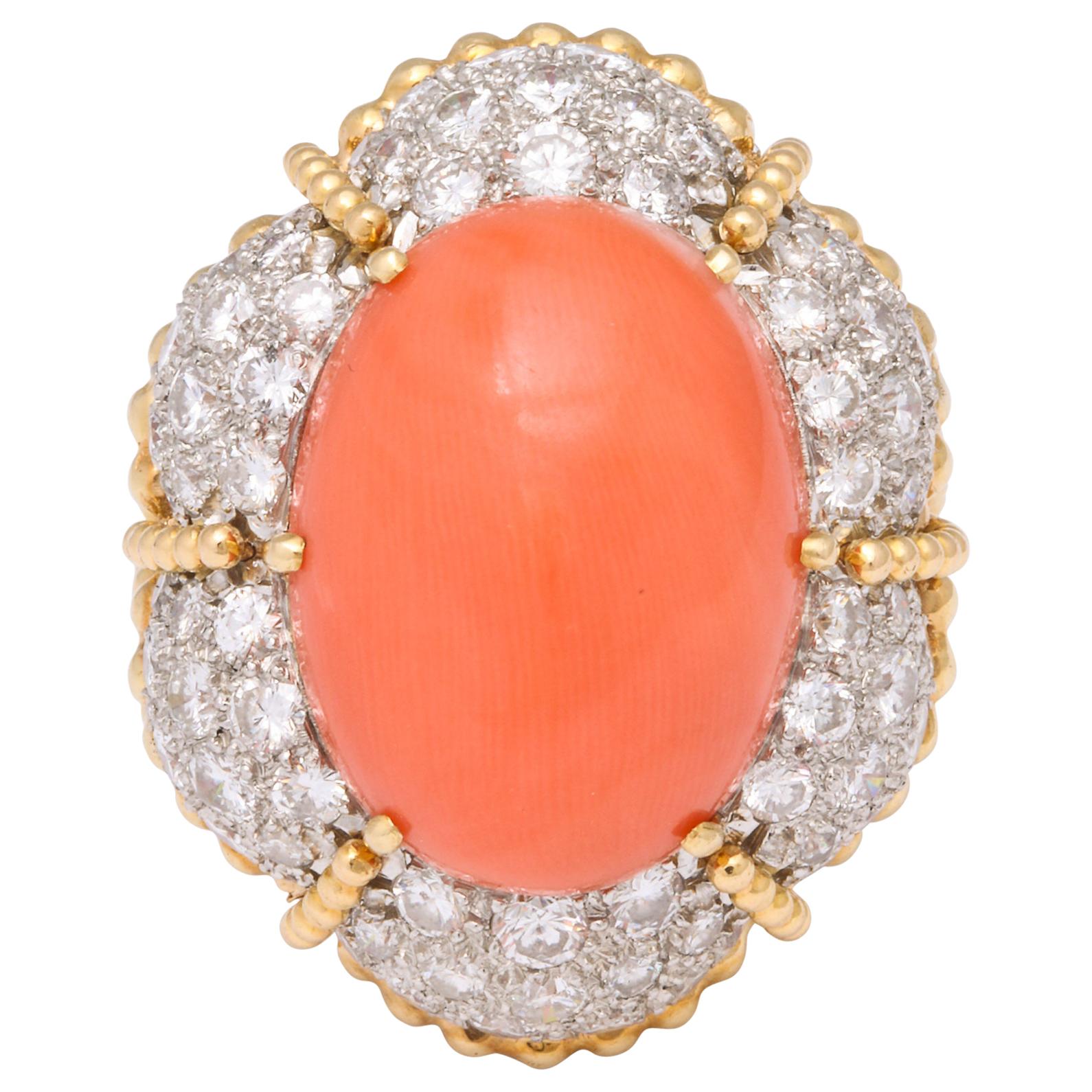 Oversize Orange Coral and Pave Diamond Ring