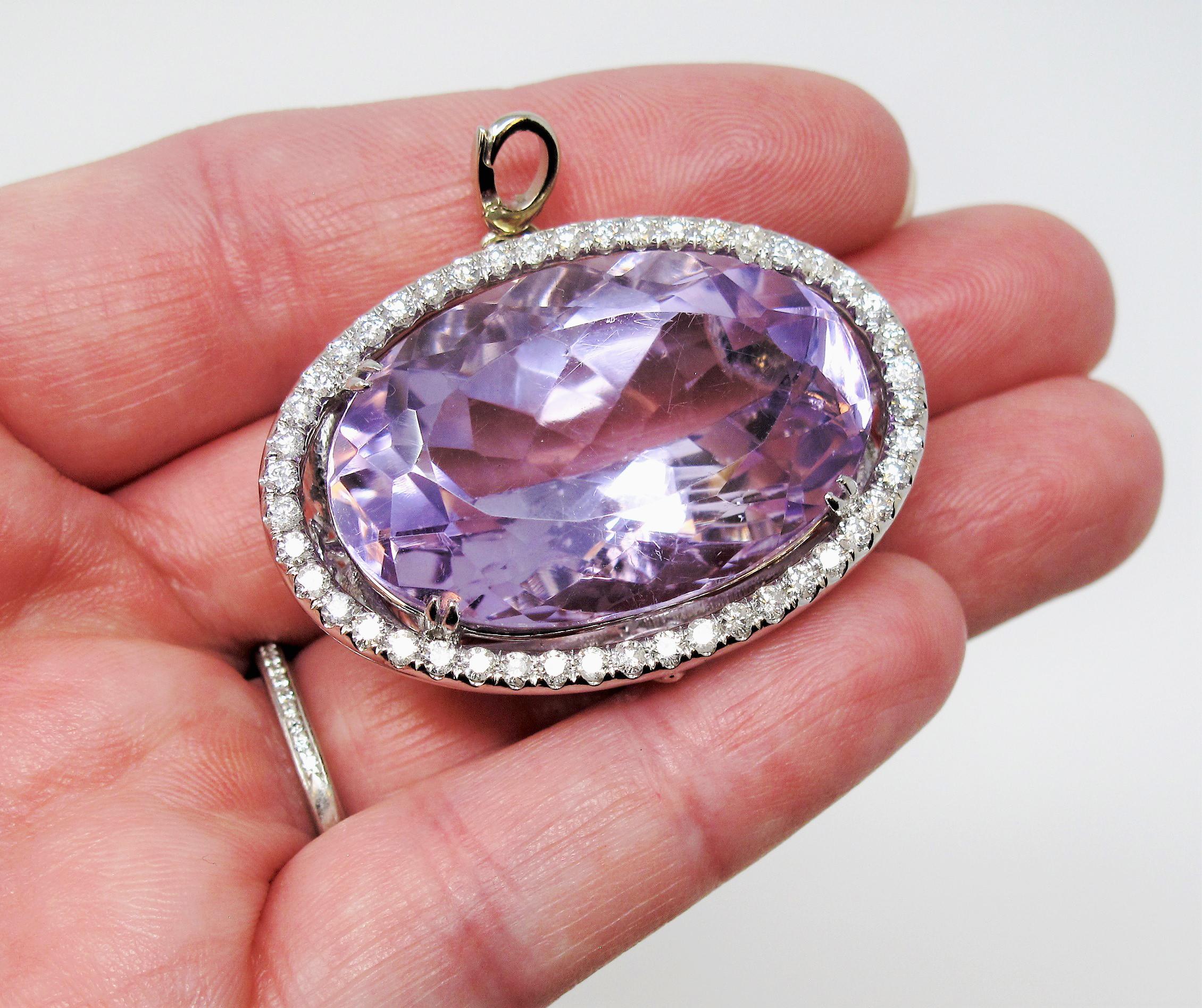 Extra Large Oval Cut Amethyst and Diamond Halo Pendant in 14 Karat White Gold 2