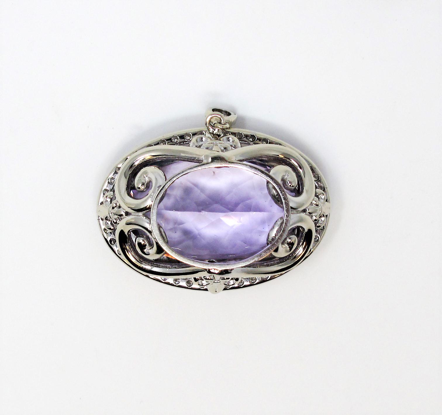Contemporary Extra Large Oval Cut Amethyst and Diamond Halo Pendant in 14 Karat White Gold