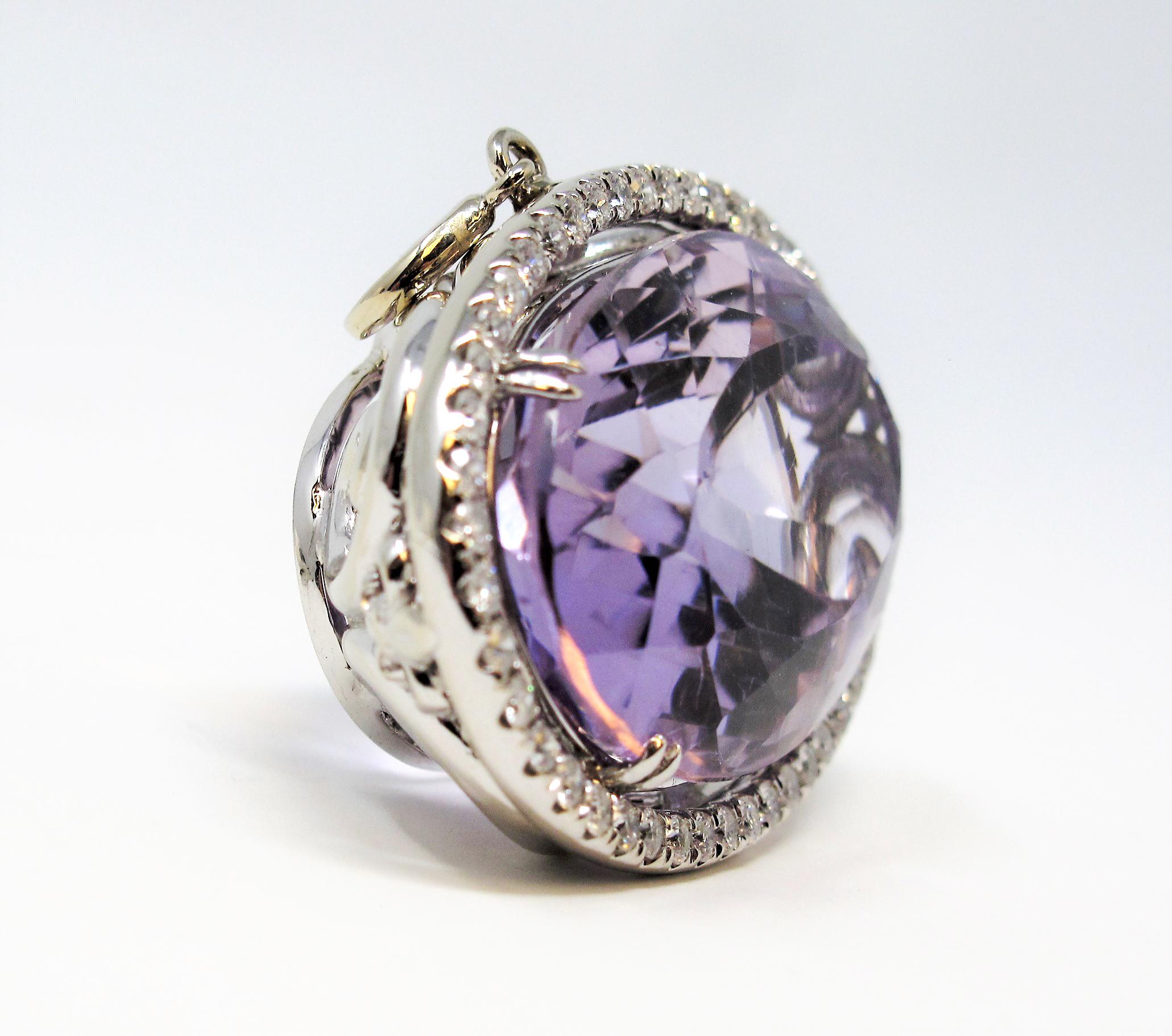 Women's Extra Large Oval Cut Amethyst and Diamond Halo Pendant in 14 Karat White Gold