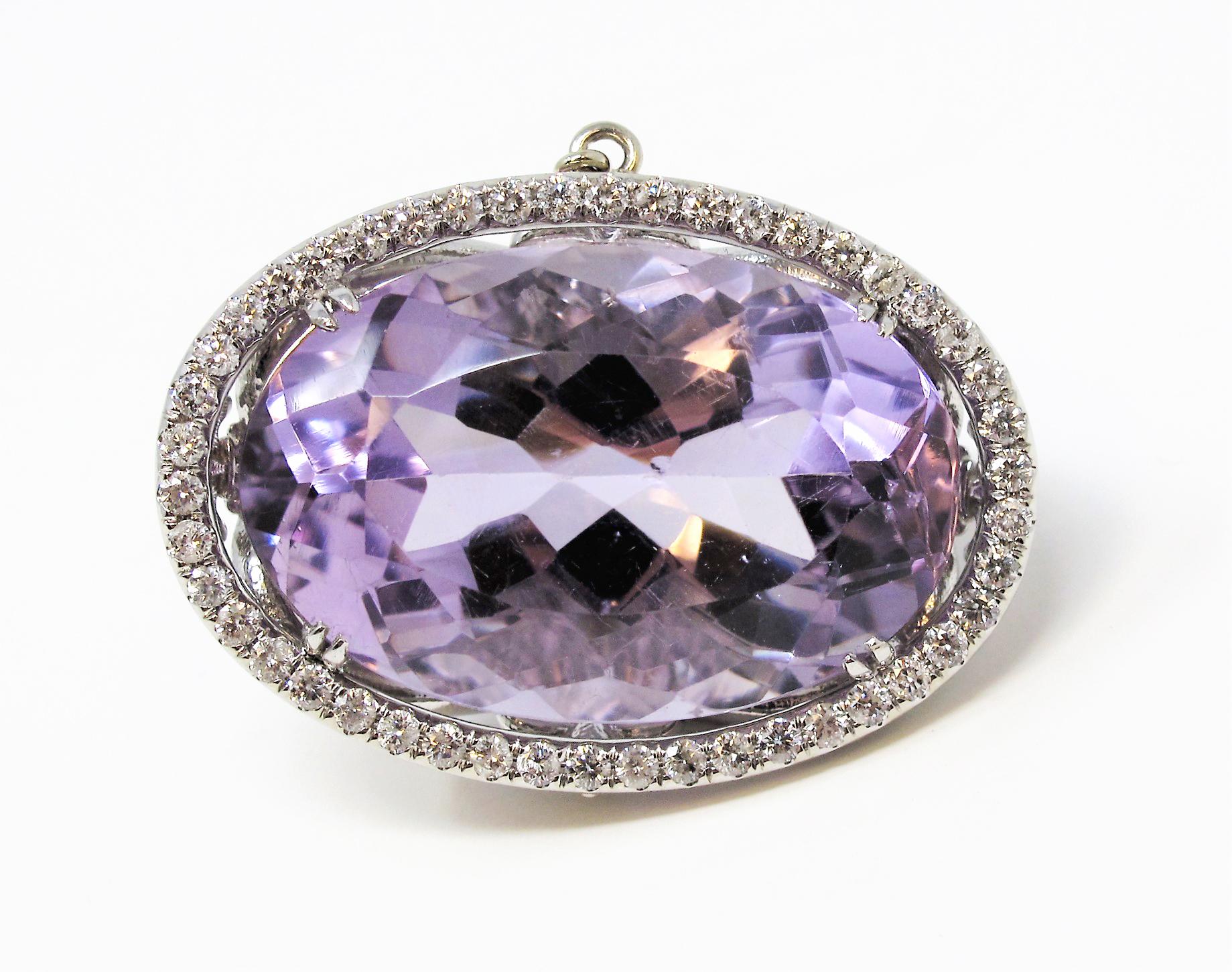 Extra Large Oval Cut Amethyst and Diamond Halo Pendant in 14 Karat White Gold 1