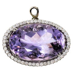 Extra Large Oval Cut Amethyst and Diamond Halo Pendant in 14 Karat White Gold
