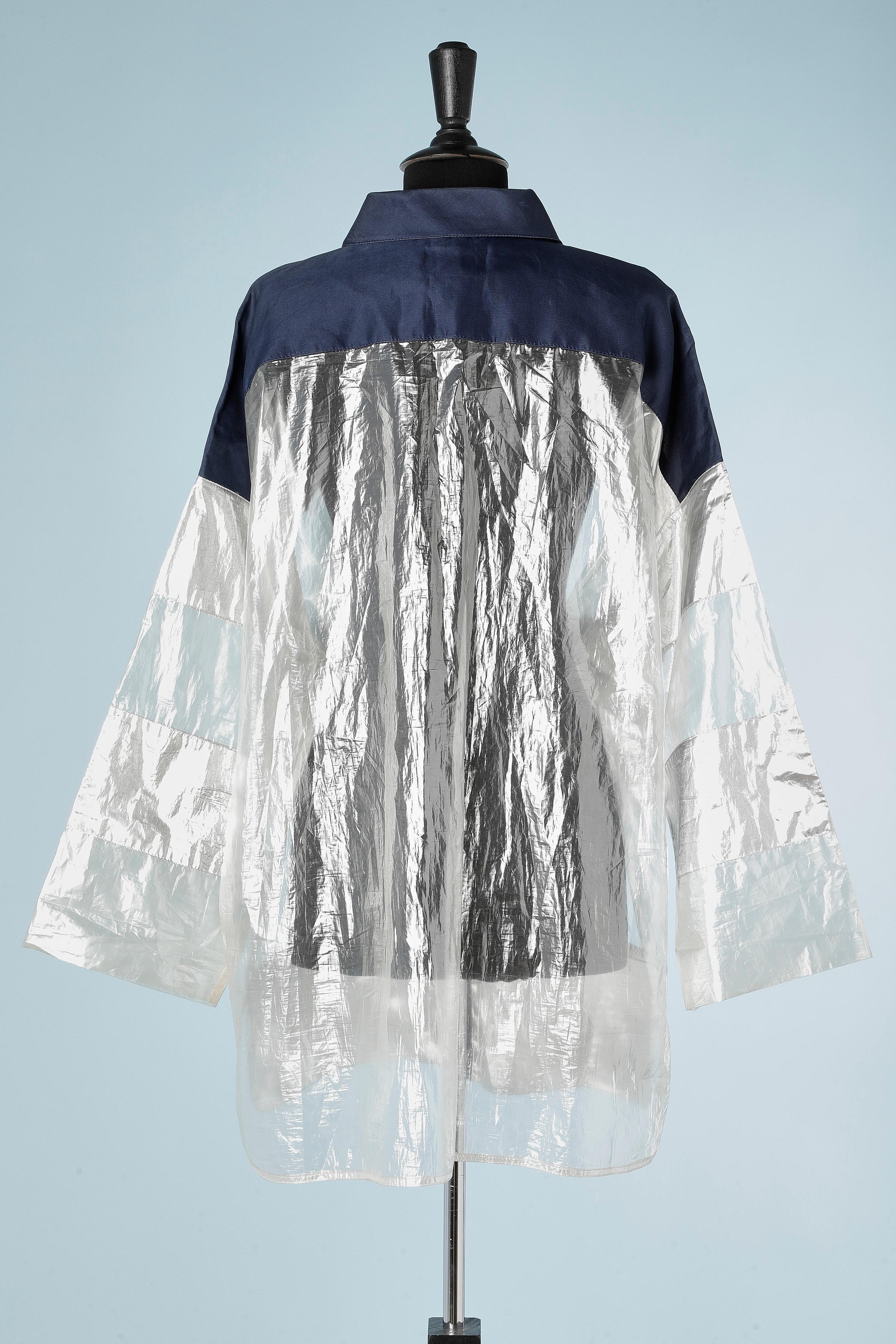 Oversize over-shirt in transparent, navy and silver lamé polyester Courrèges  In Good Condition For Sale In Saint-Ouen-Sur-Seine, FR