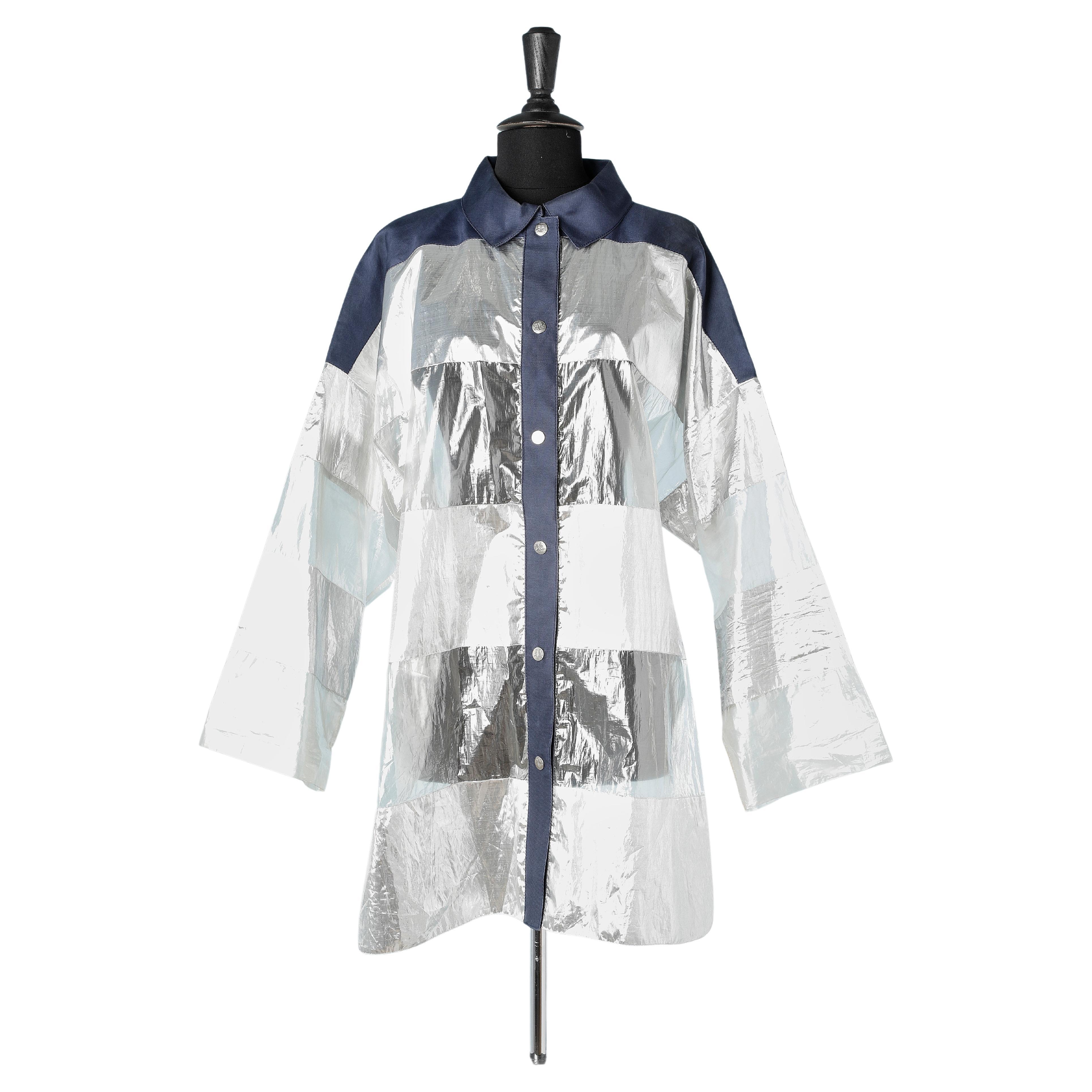 Oversize over-shirt in transparent, navy and silver lamé polyester Courrèges  For Sale