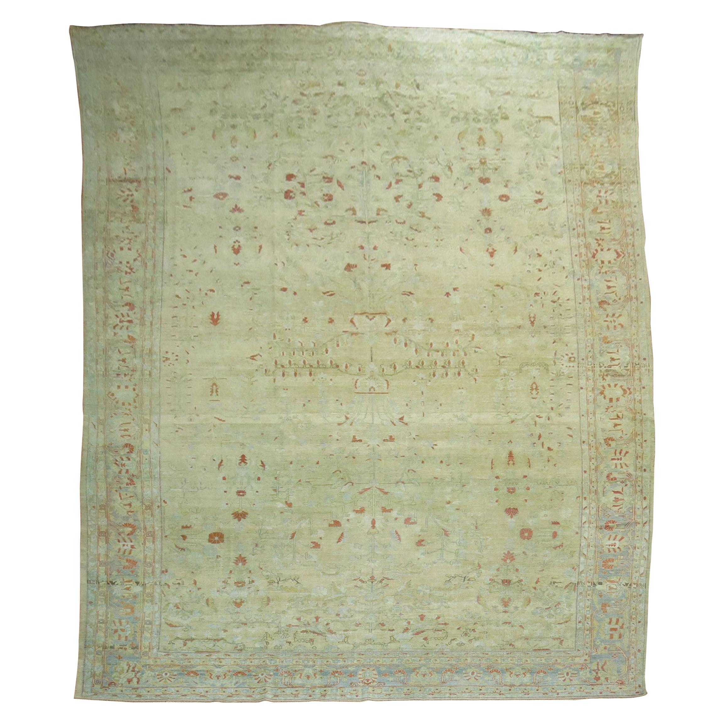Oversize Pale Persian Antique Cream Field Powder Blue Rug For Sale at