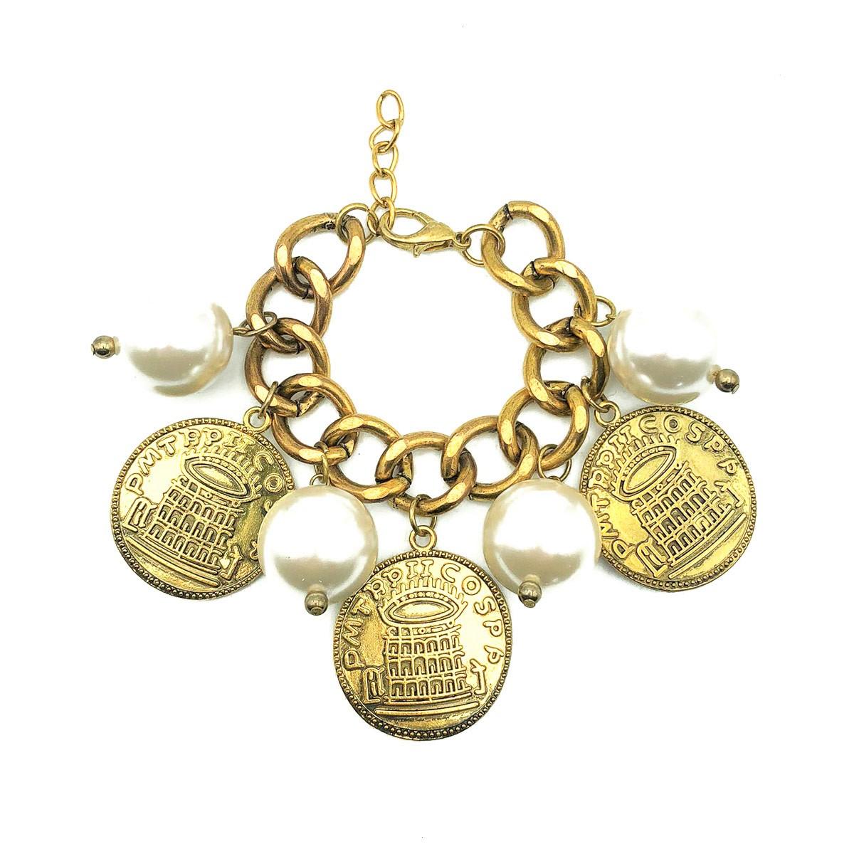 A beyond dramatic Pearl Coin Charm Bracelet. Crafted in gold tone metal with bronze overtones and resin simulated pearls. Very good pre-owned condition with minor patination on the curb links; the pearls and coins in immaculate condition, adjustable