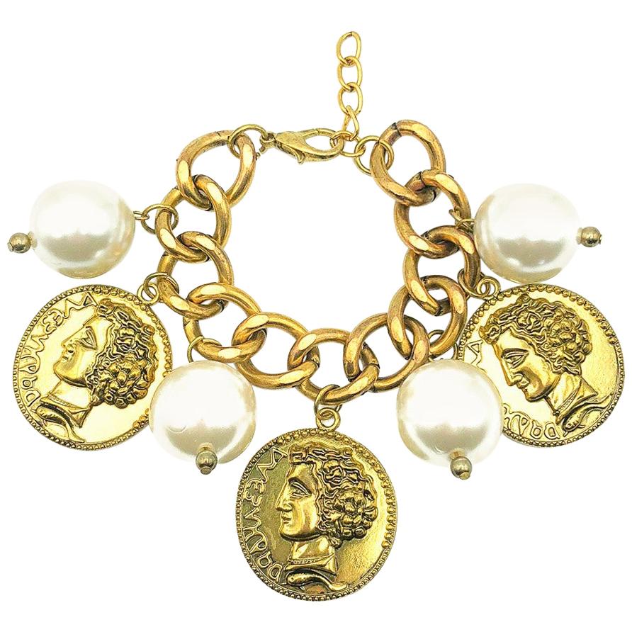 Oversize Pearl & Gold Coin Charm Bracelet 2000s