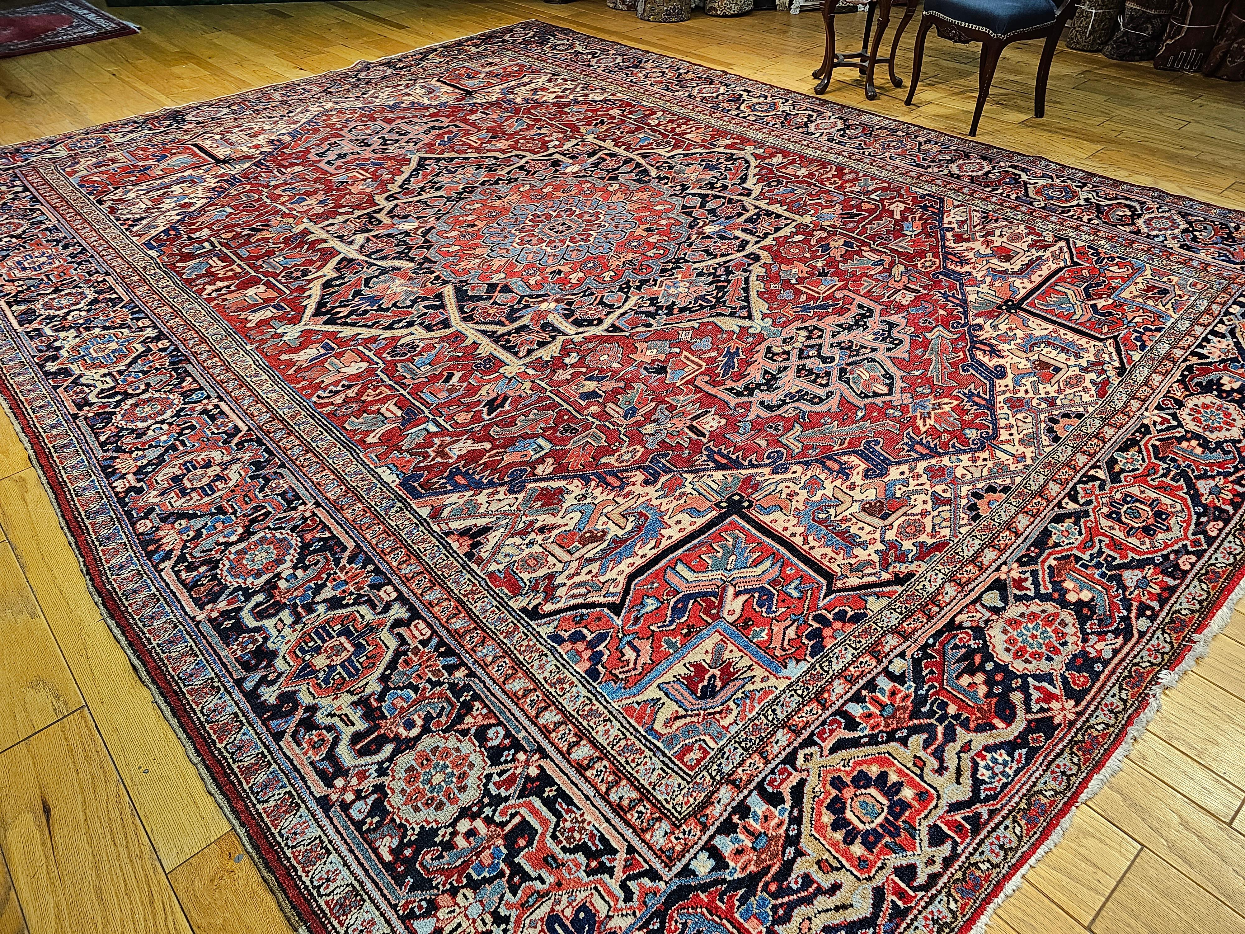 Oversize Persian Heriz Serapi in Geometric Pattern in Red, Yellow, Pink, Blue For Sale 4
