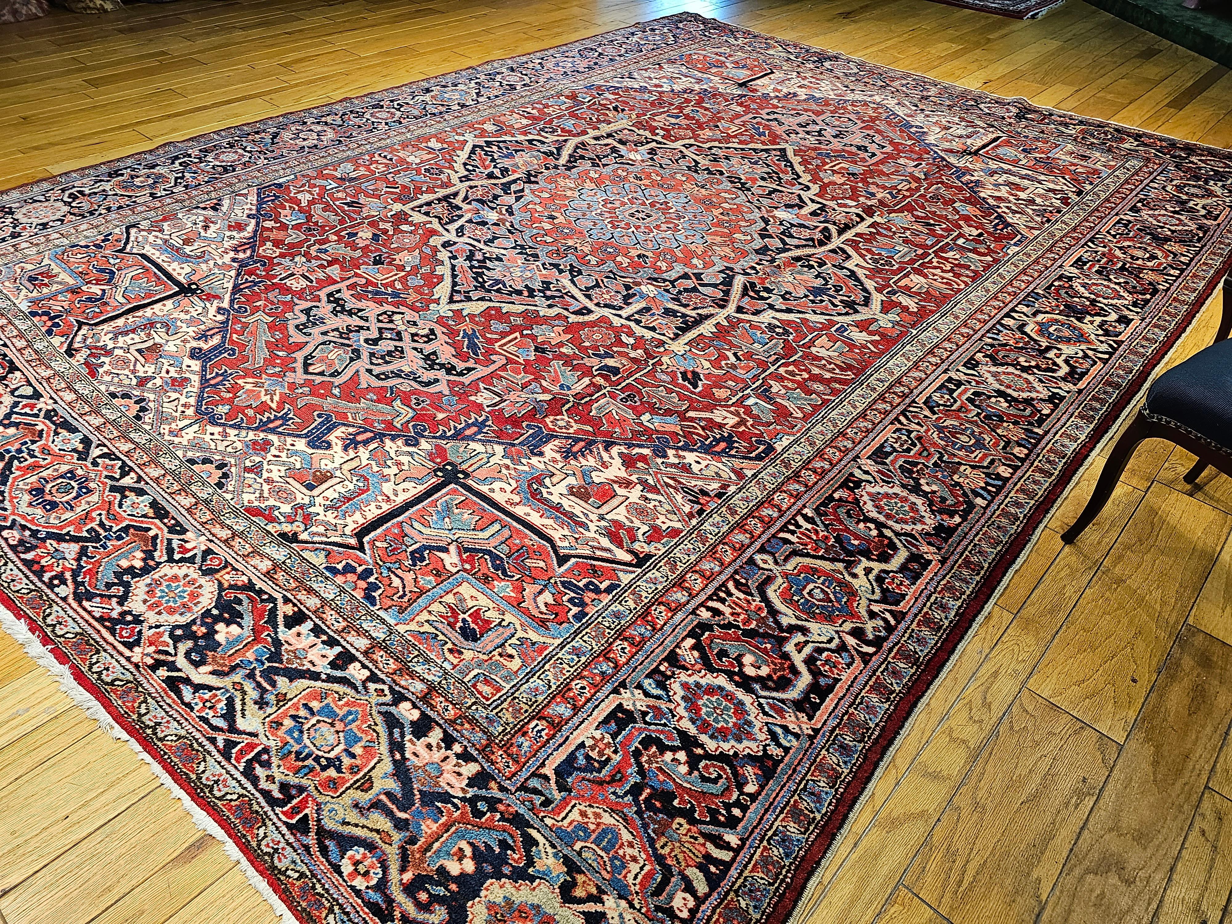 Oversize Persian Heriz Serapi in Geometric Pattern in Red, Yellow, Pink, Blue For Sale 5