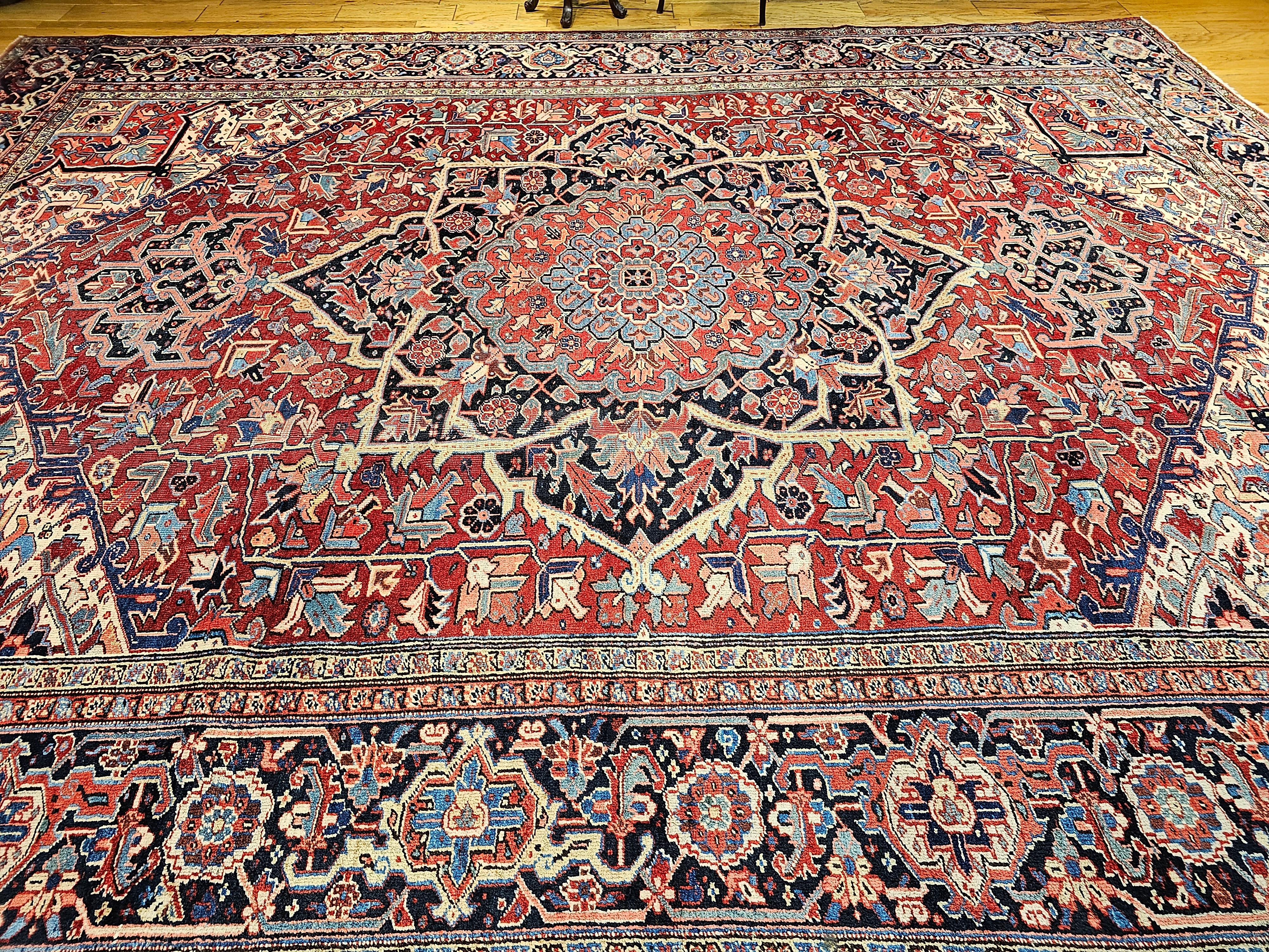 Oversize Persian Heriz Serapi in Geometric Pattern in Red, Yellow, Pink, Blue For Sale 6