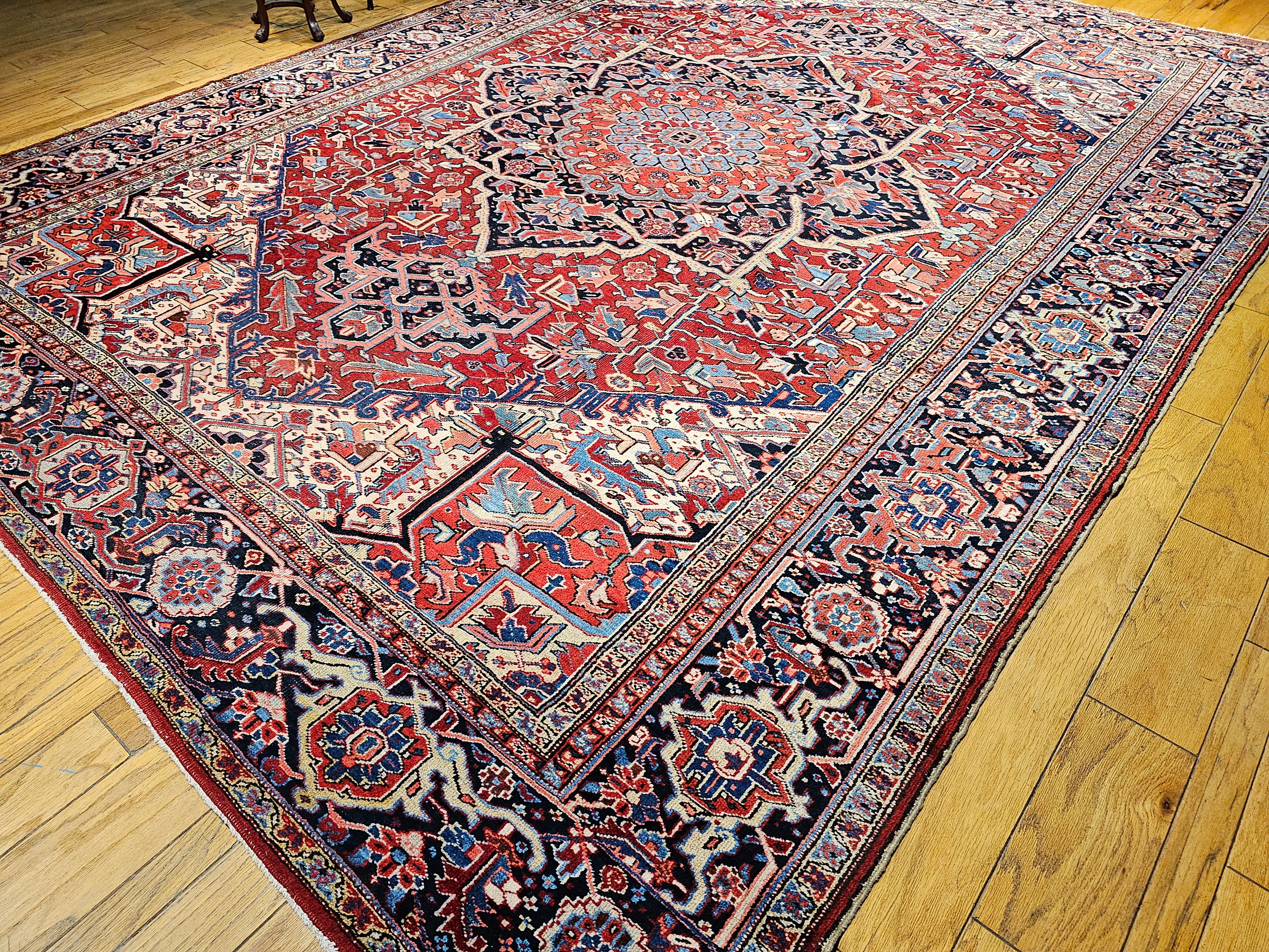 Oversize Persian Heriz Serapi in Geometric Pattern in Red, Yellow, Pink, Blue For Sale 8