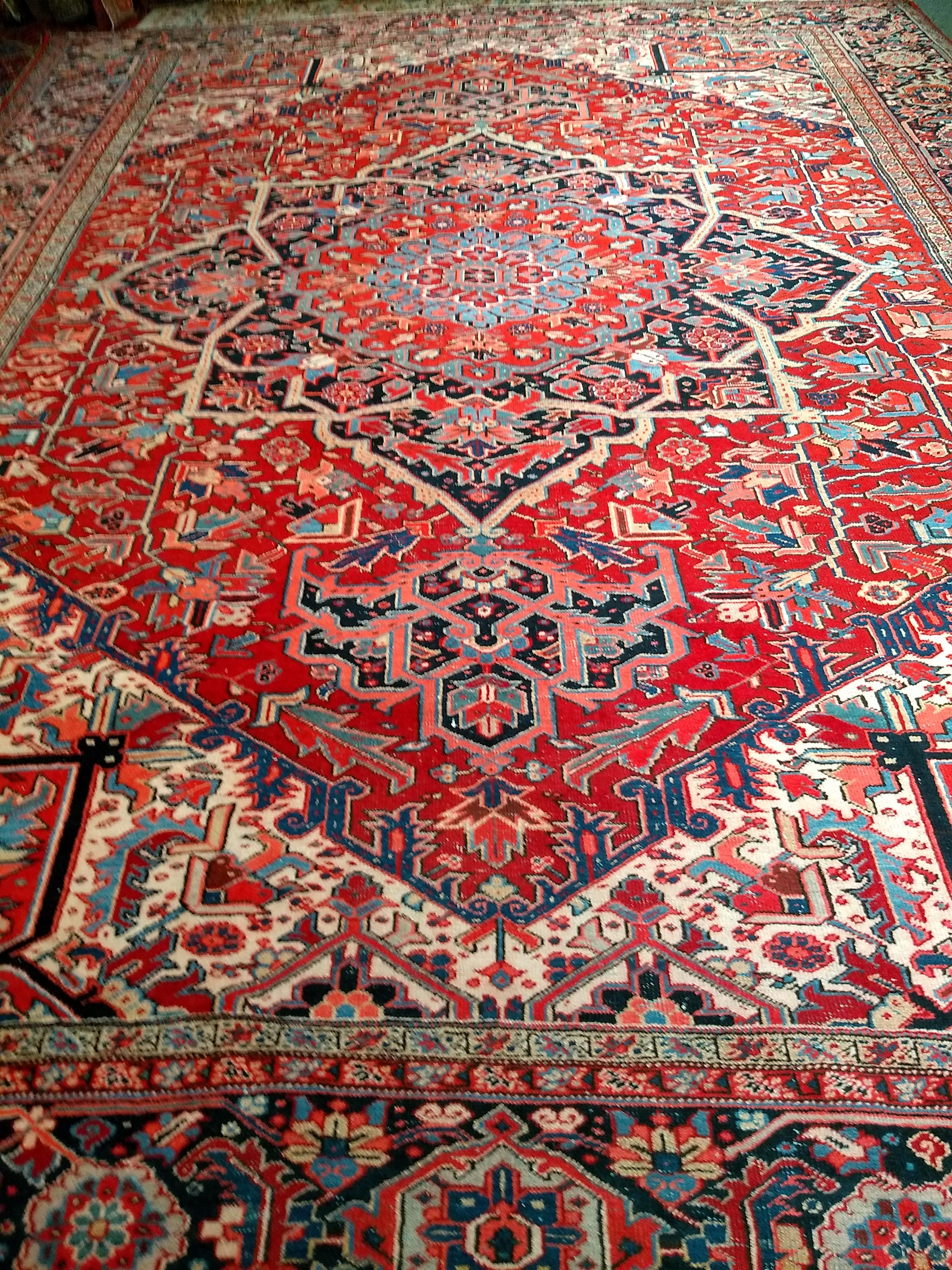 Hand-Knotted Oversize Persian Heriz Serapi in Geometric Pattern in Red, Yellow, Pink, Blue For Sale