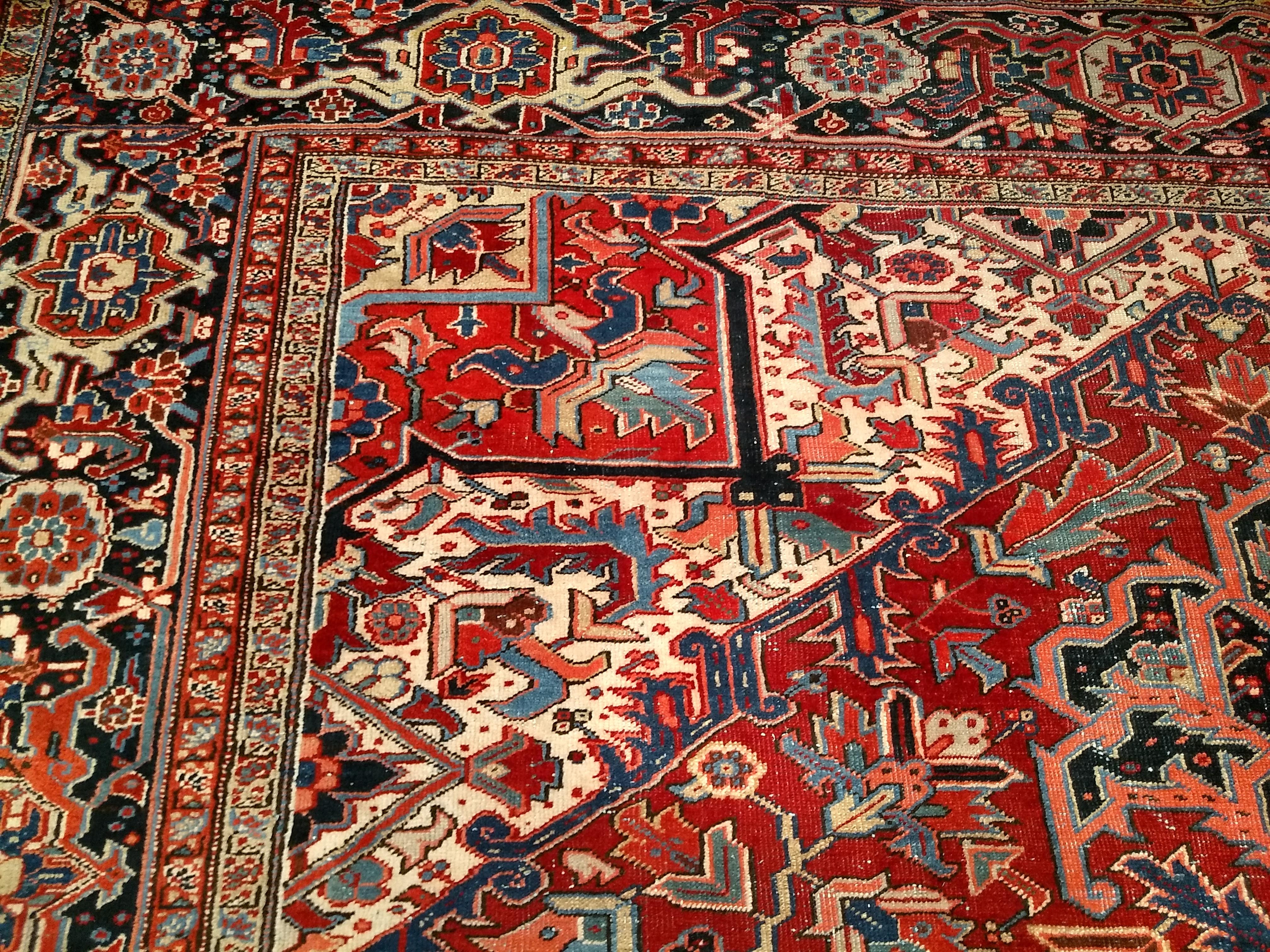 Wool Oversize Persian Heriz Serapi in Geometric Pattern in Red, Yellow, Pink, Blue For Sale