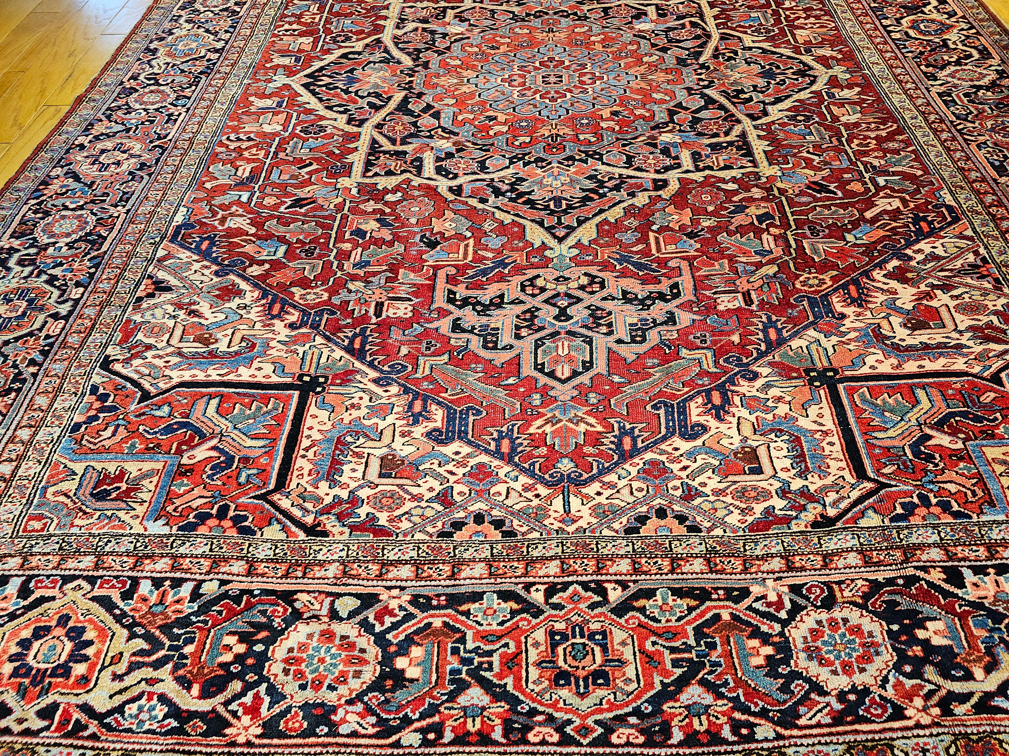 Oversize Persian Heriz Serapi in Geometric Pattern in Red, Yellow, Pink, Blue For Sale 1