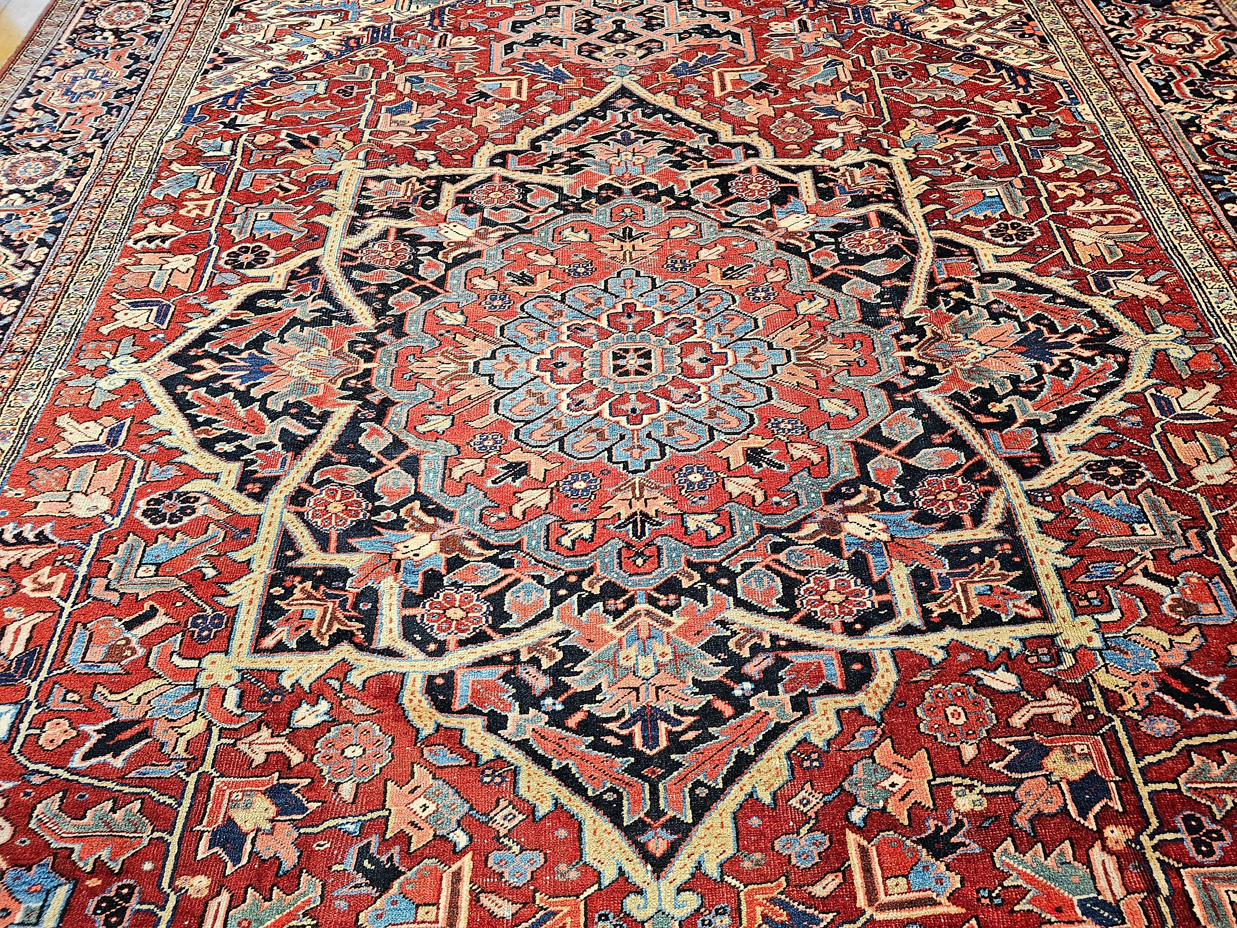 Oversize Persian Heriz Serapi in Geometric Pattern in Red, Yellow, Pink, Blue For Sale 2