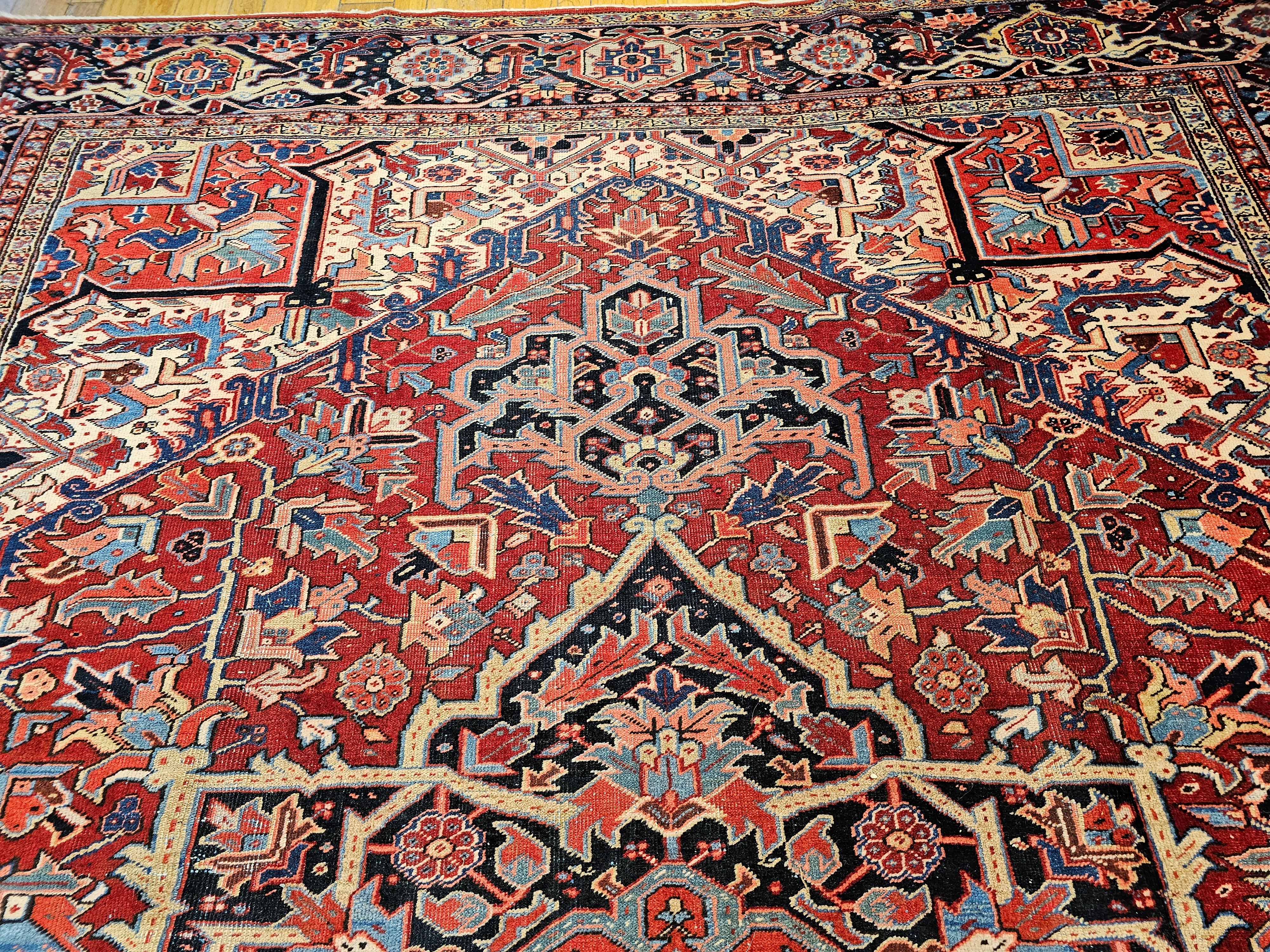 Oversize Persian Heriz Serapi in Geometric Pattern in Red, Yellow, Pink, Blue For Sale 3
