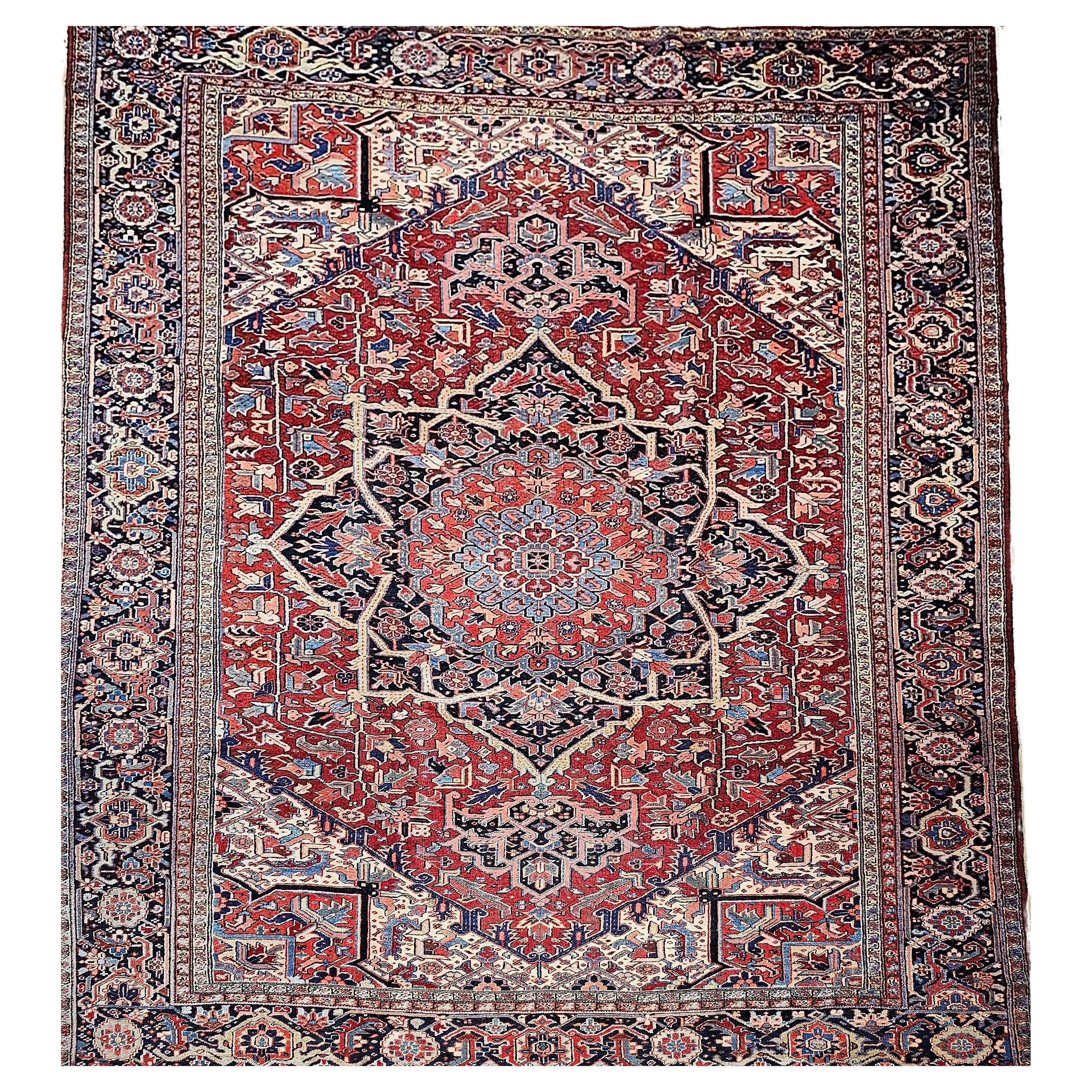 Oversize Persian Heriz Serapi in Geometric Pattern in Red, Yellow, Pink, Blue For Sale
