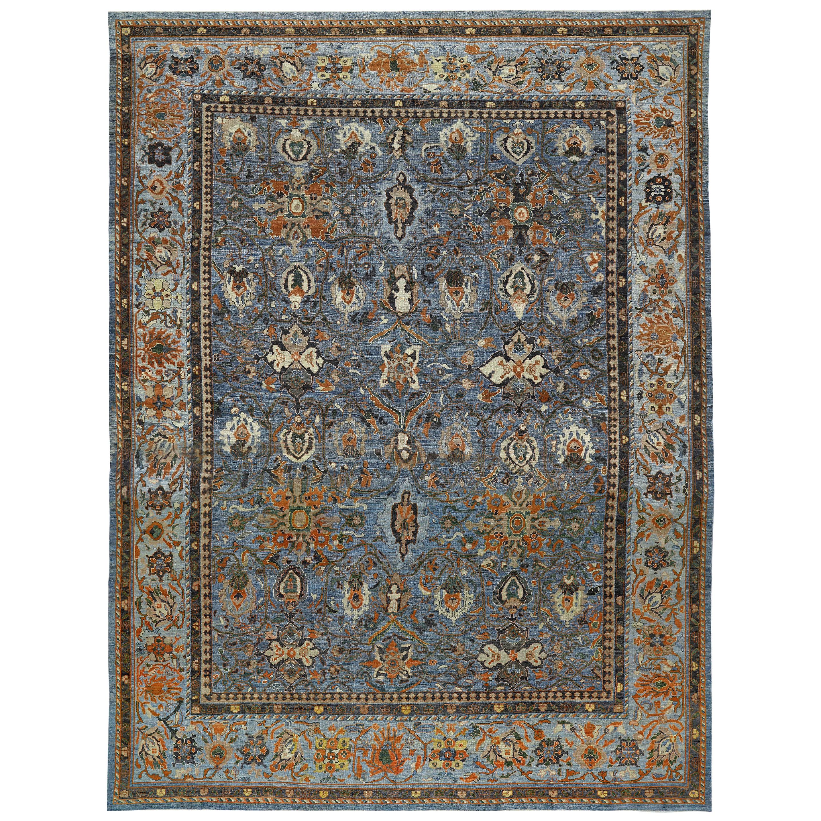 Oversize Persian Oushak Style Rug with Ivory & Brown Floral Details on Blue Fiel