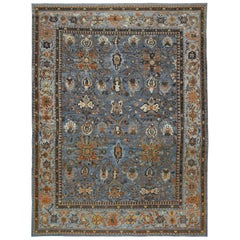 Oversize Persian Oushak Style Rug with Ivory & Brown Floral Details on Blue Fiel