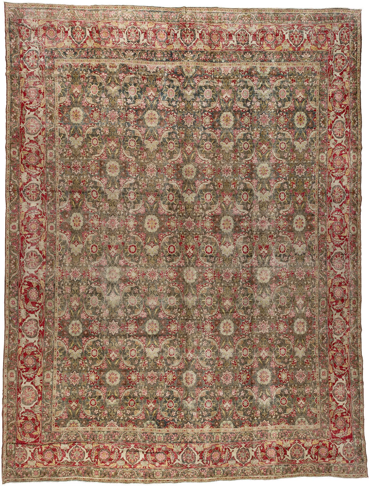 An early 20th century Persian Tabriz rug with a large herati design with raspberry and pink accent colors on a dark green ground

Measures: 13'1'' x 17'8''.