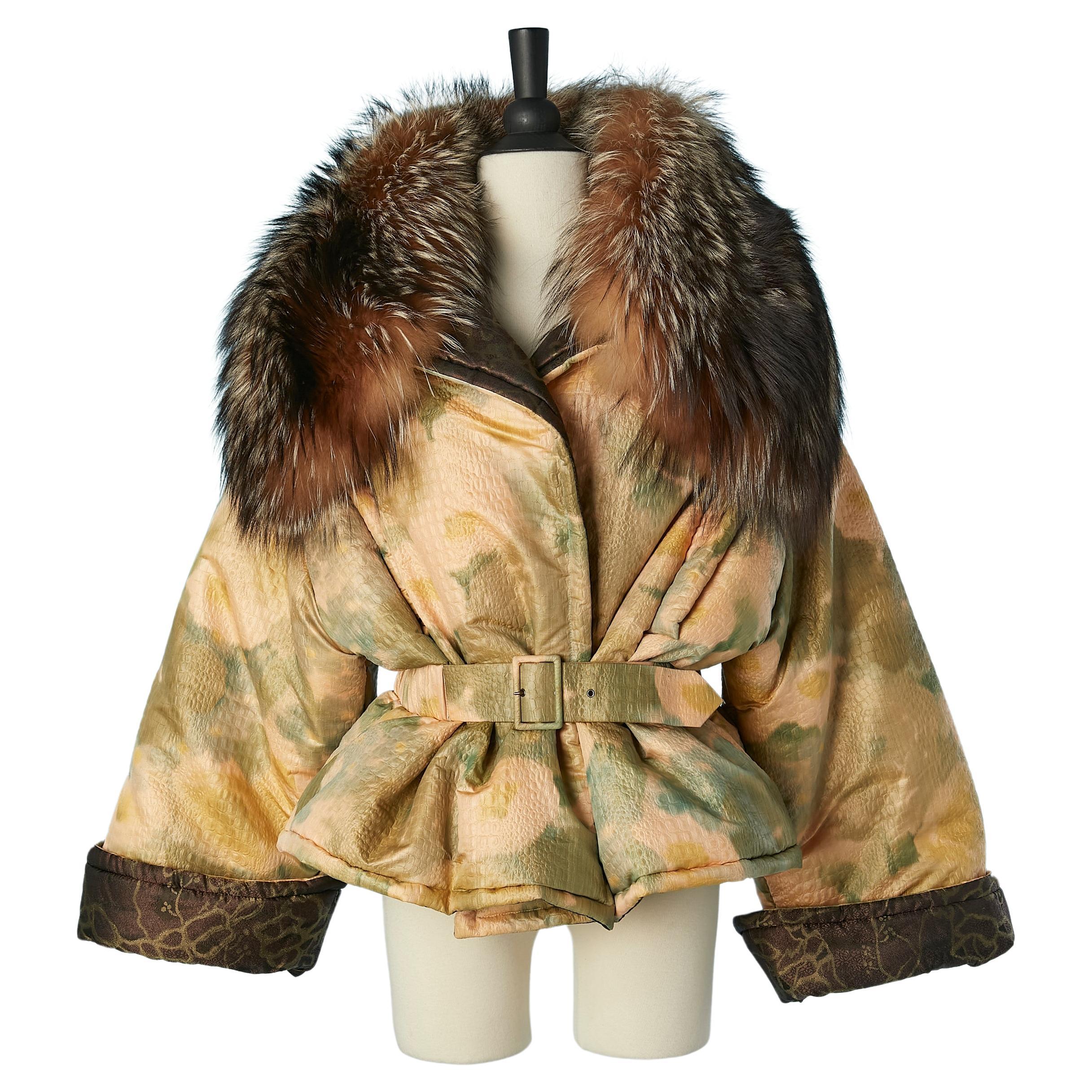 Oversize printed down jacket with fox collar and belt Christian Lacroix  For Sale