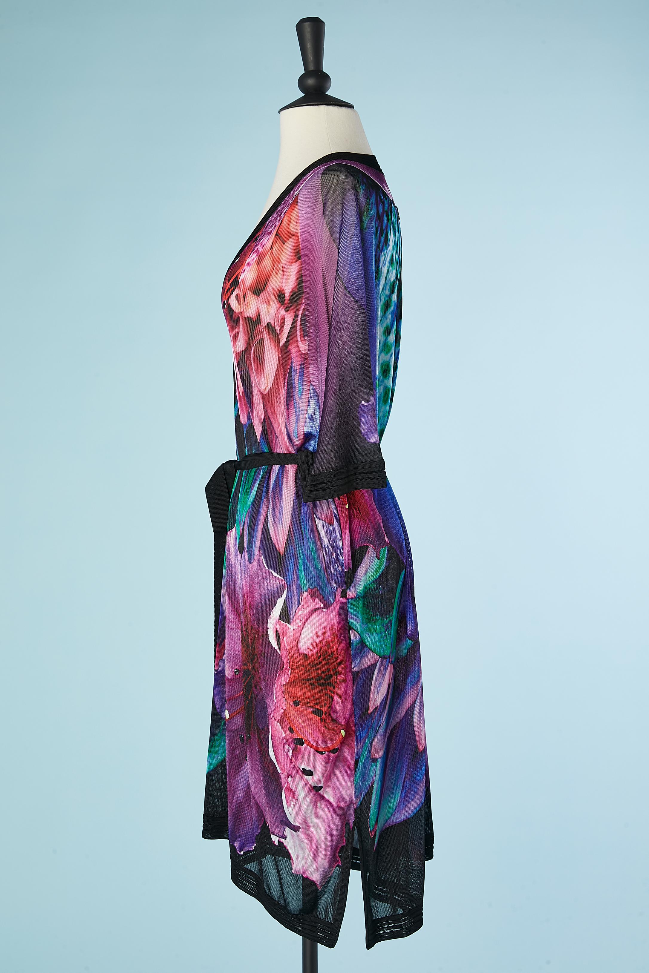 Black Oversize rayon knit printed flower dress with rayon belt Roberto CAVALLI 