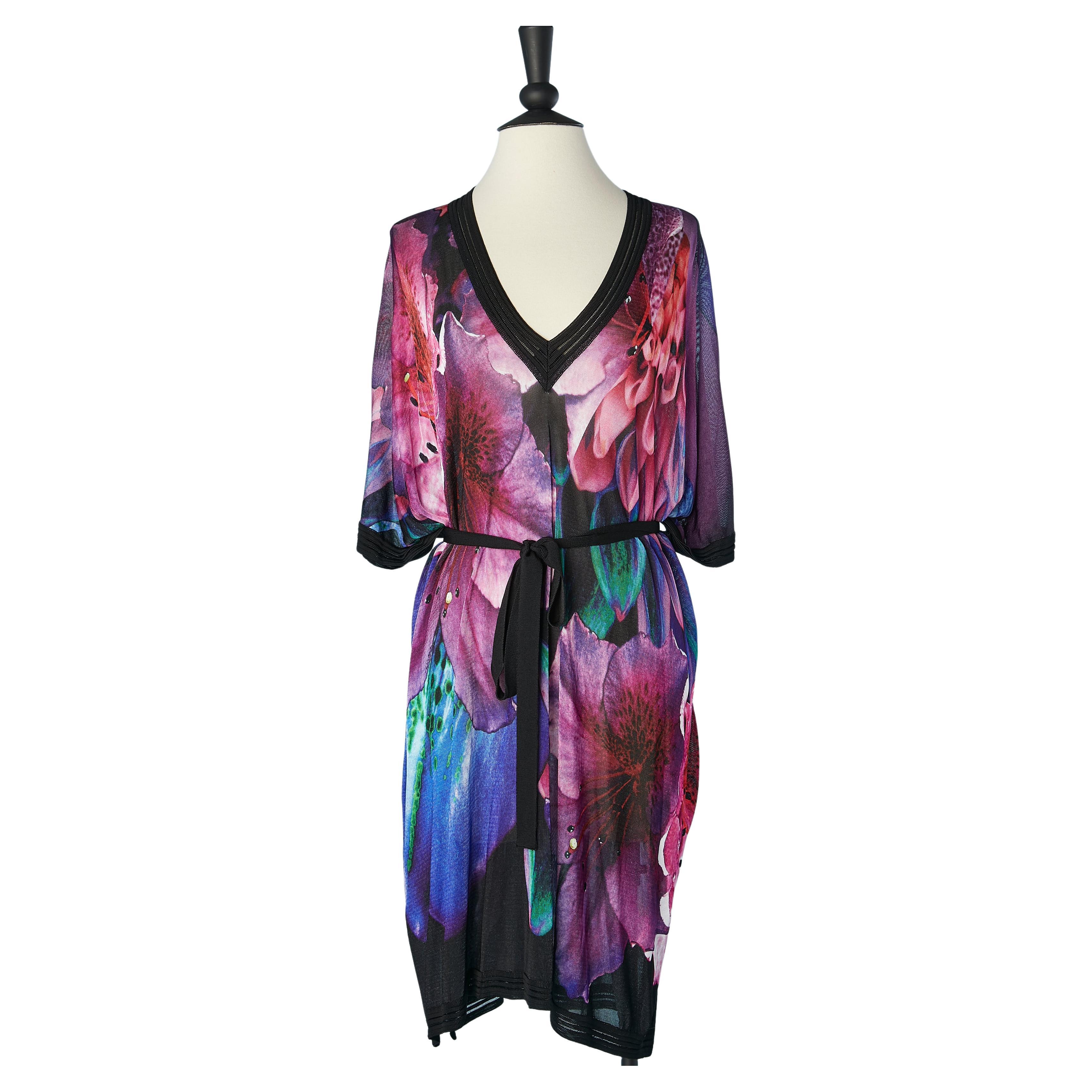 Oversize rayon knit printed flower dress with rayon belt Roberto CAVALLI  For Sale