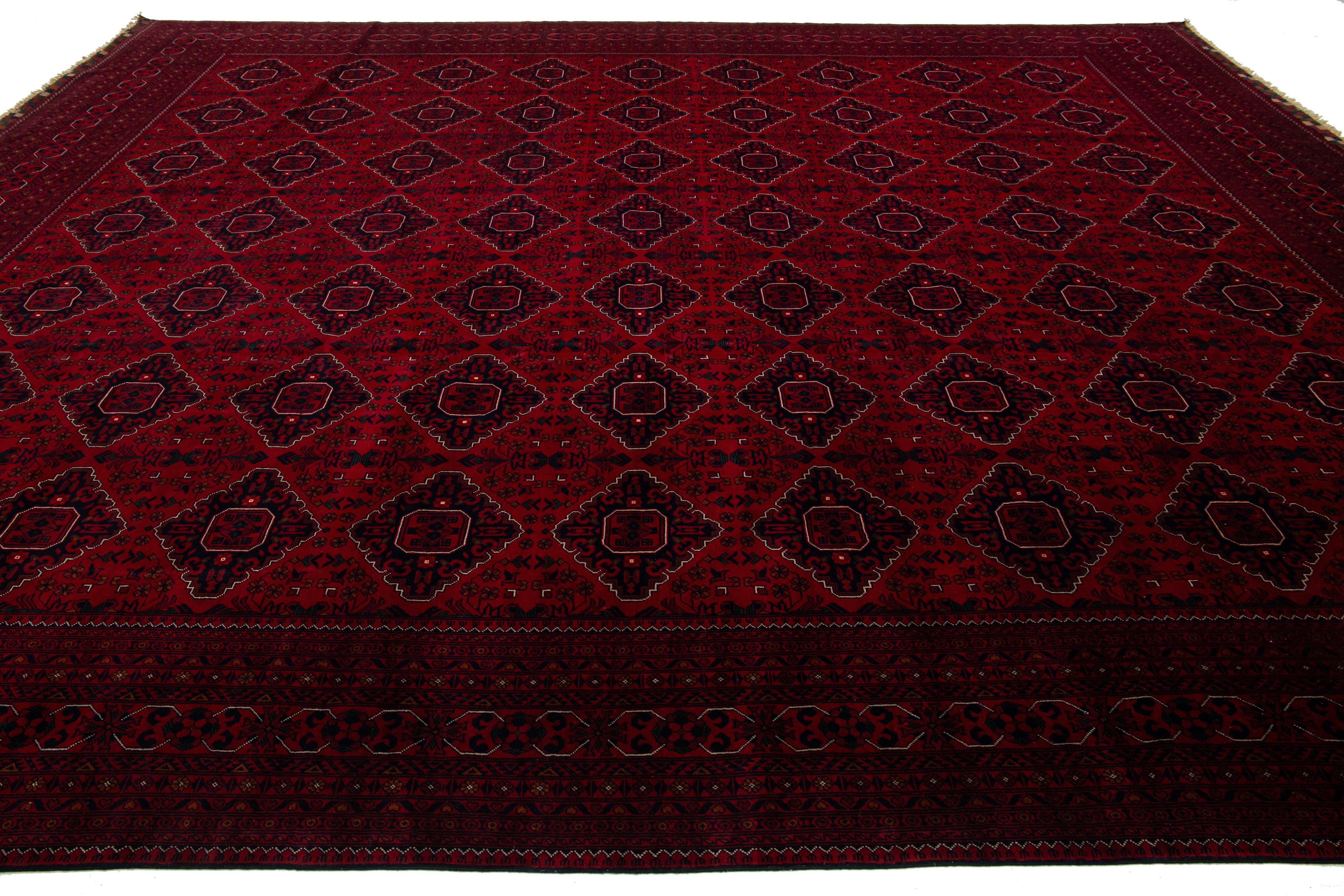 Pakistani Oversize Red Vintage Bokhara Wool Rug With Geometric Pattern For Sale
