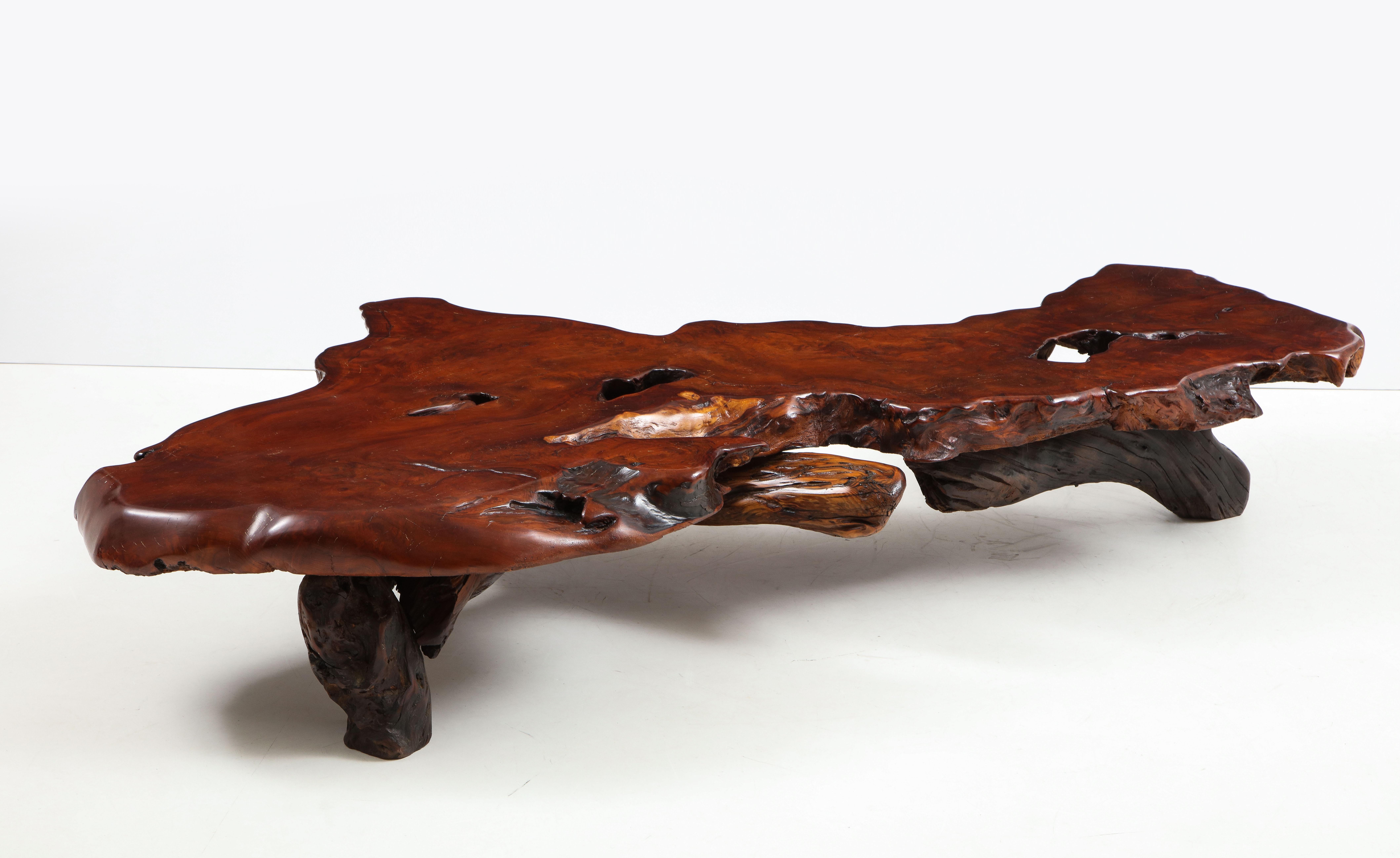 Stunning massive redwood with three-tree root legs, I purchased this table from the original owner who purchased it in California in 1969, in vintage original condition with minor wear and patina.