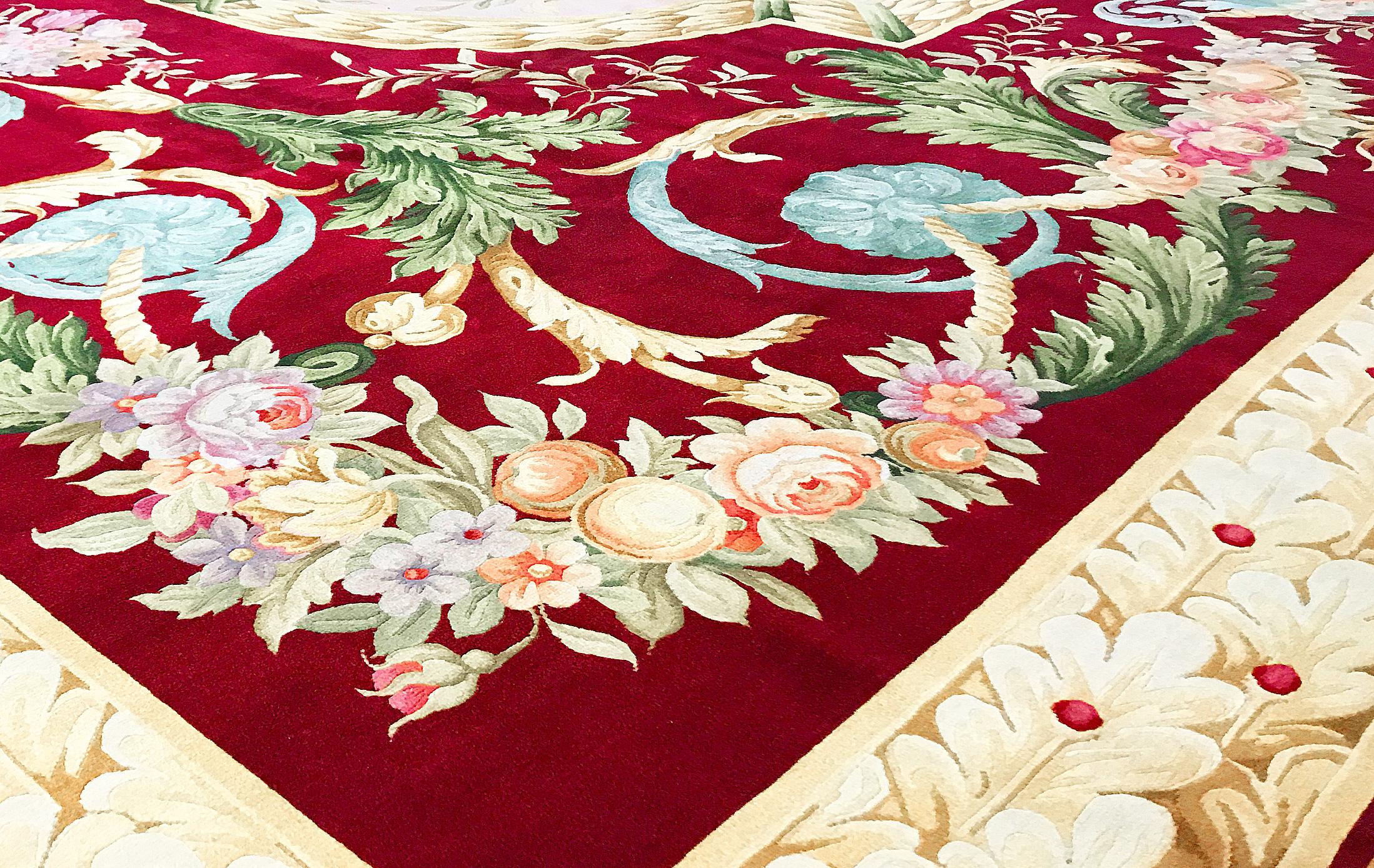 Recreation of a Classic French designs using the finest of materials and skilled weavers. This thick plush rug is handwoven in China and exudes the feeling of the best in European style and quality. French Savonnerie carpets have been produced since