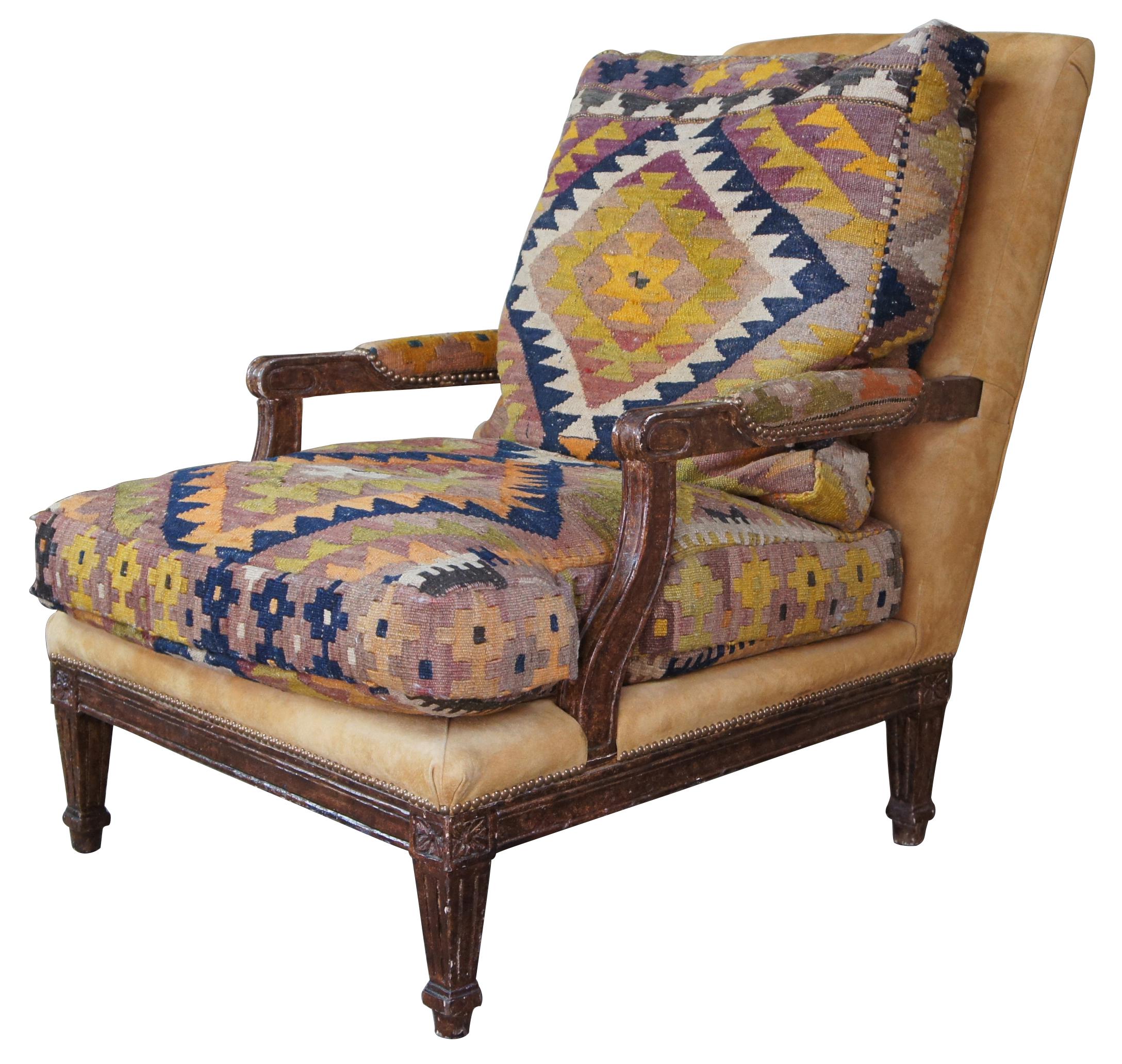 Louis XV style faux finished armchair. Features southwestern tapestry seat and pillow with suede backing/accents. A very comfortable and stylish lounger. Made for Design Source, Beverly Interiors (Stewart Collection) for Wiseman & Gale Interiors in