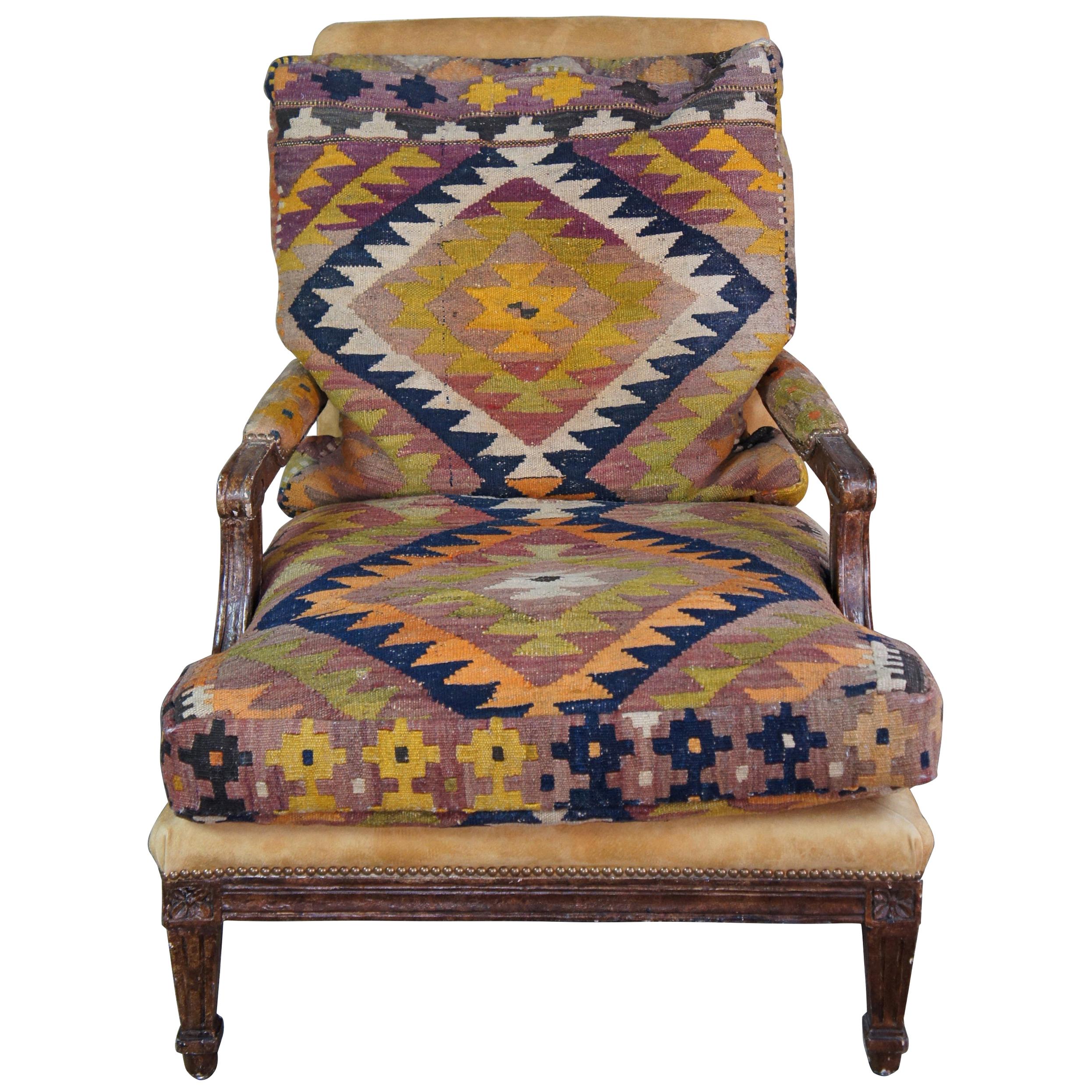 Oversize Southwestern Marquis Armchair Fauteuil Louis XV Style Lounge Rug Kilim