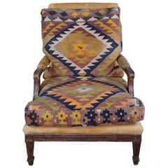 Oversize Southwestern Marquis Armchair Fauteuil Louis XV Style Lounge Rug Kilim