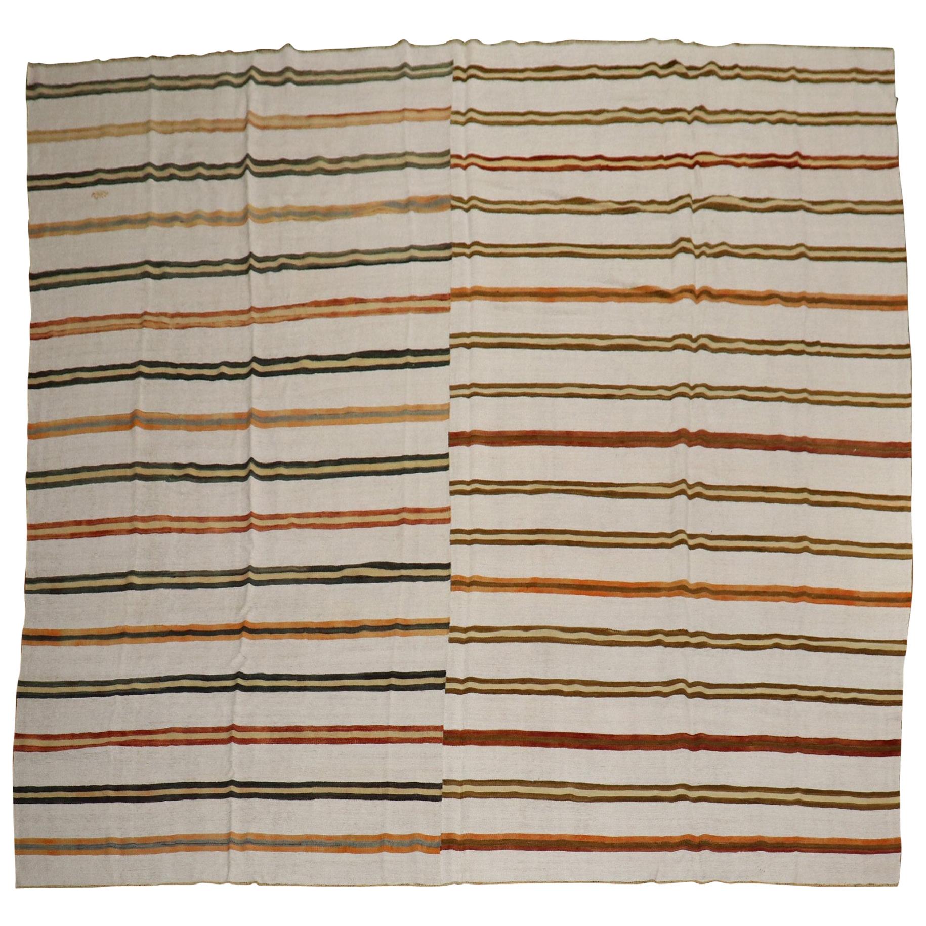 Oversize Square Striped Turkish Kilim For Sale