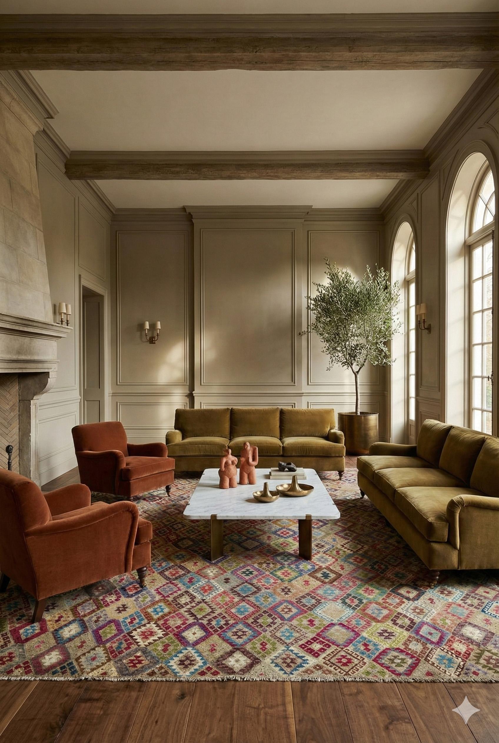 Alfombra Transicional de Gran Tamaño 14 pies x 19 pies - Verde Rosa Azul y Marfil Tribal en venta