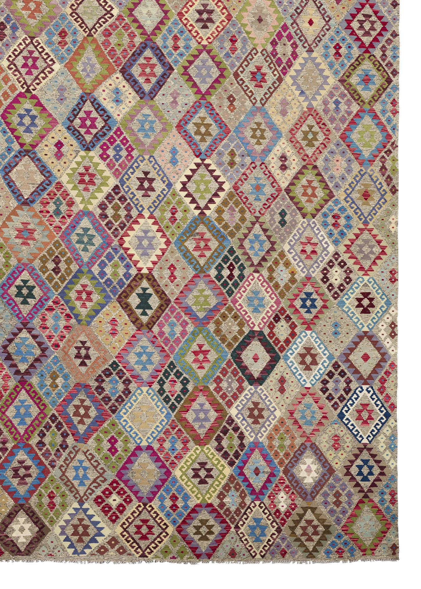 Alfombra Transicional de Gran Tamaño 14 pies x 19 pies - Verde Rosa Azul y Marfil Afgano en venta