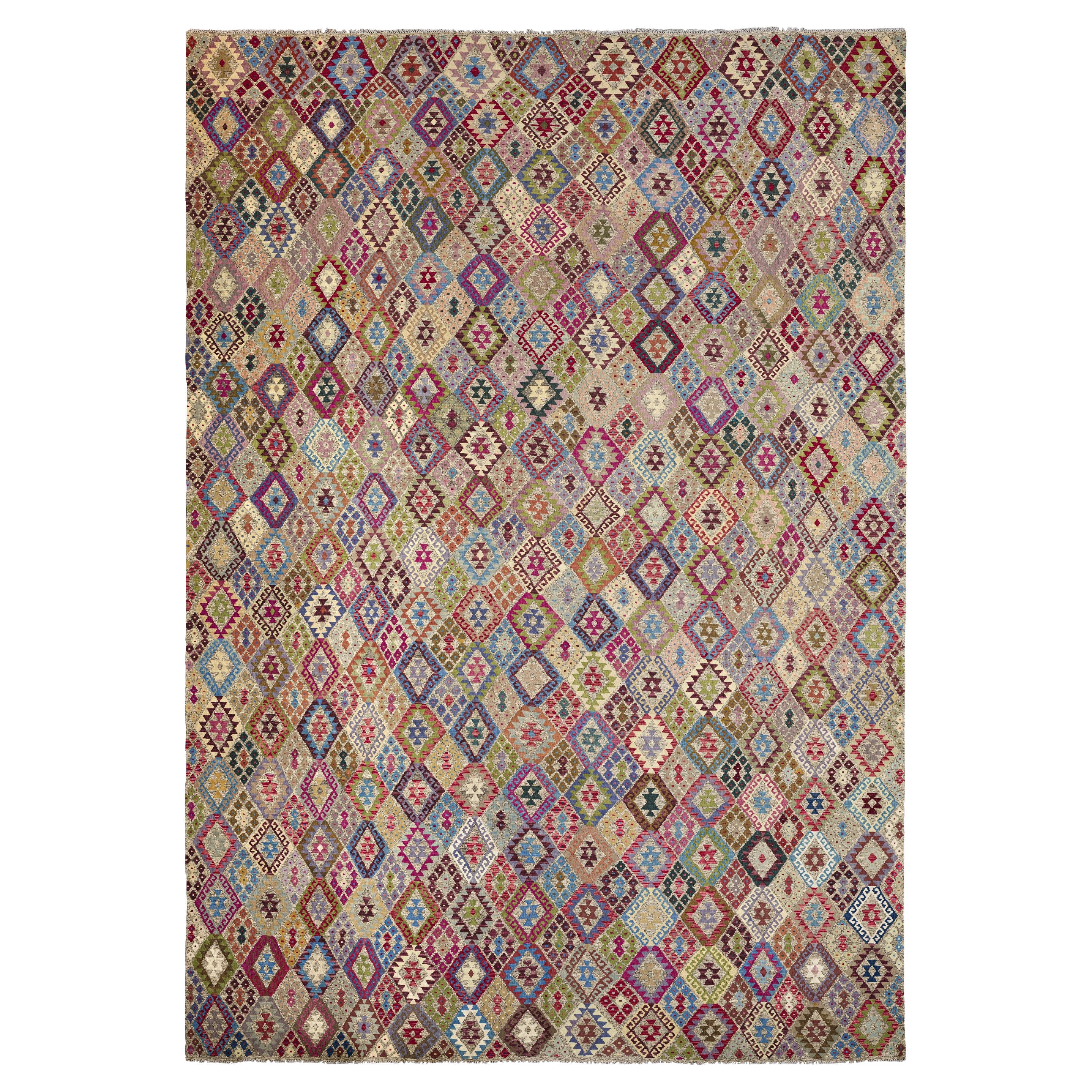 Alfombra Transicional de Gran Tamaño 14 pies x 19 pies - Verde Rosa Azul y Marfil en venta