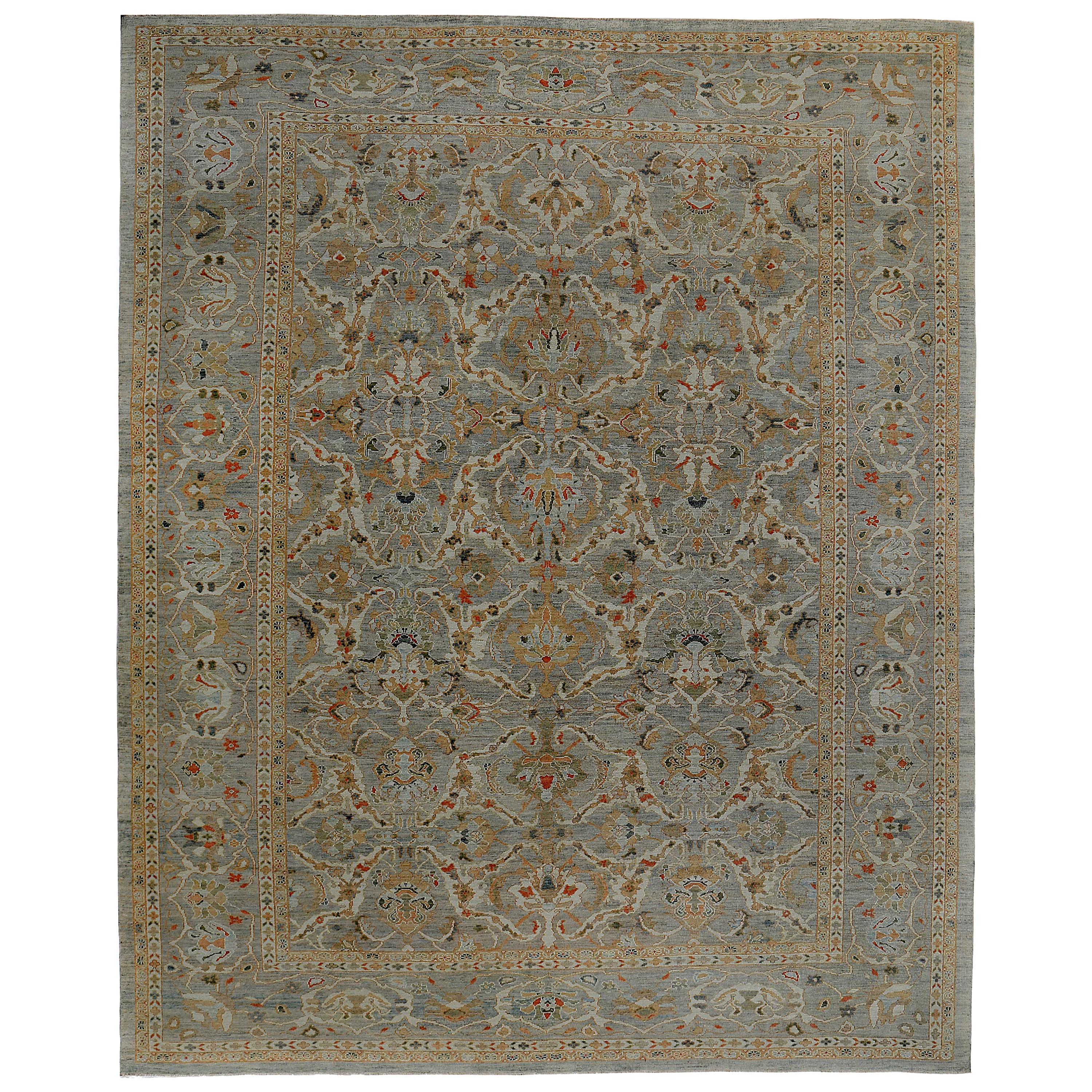 Oversize Turkish Rug Sultanabad Design with Navy and Red Botanical Details