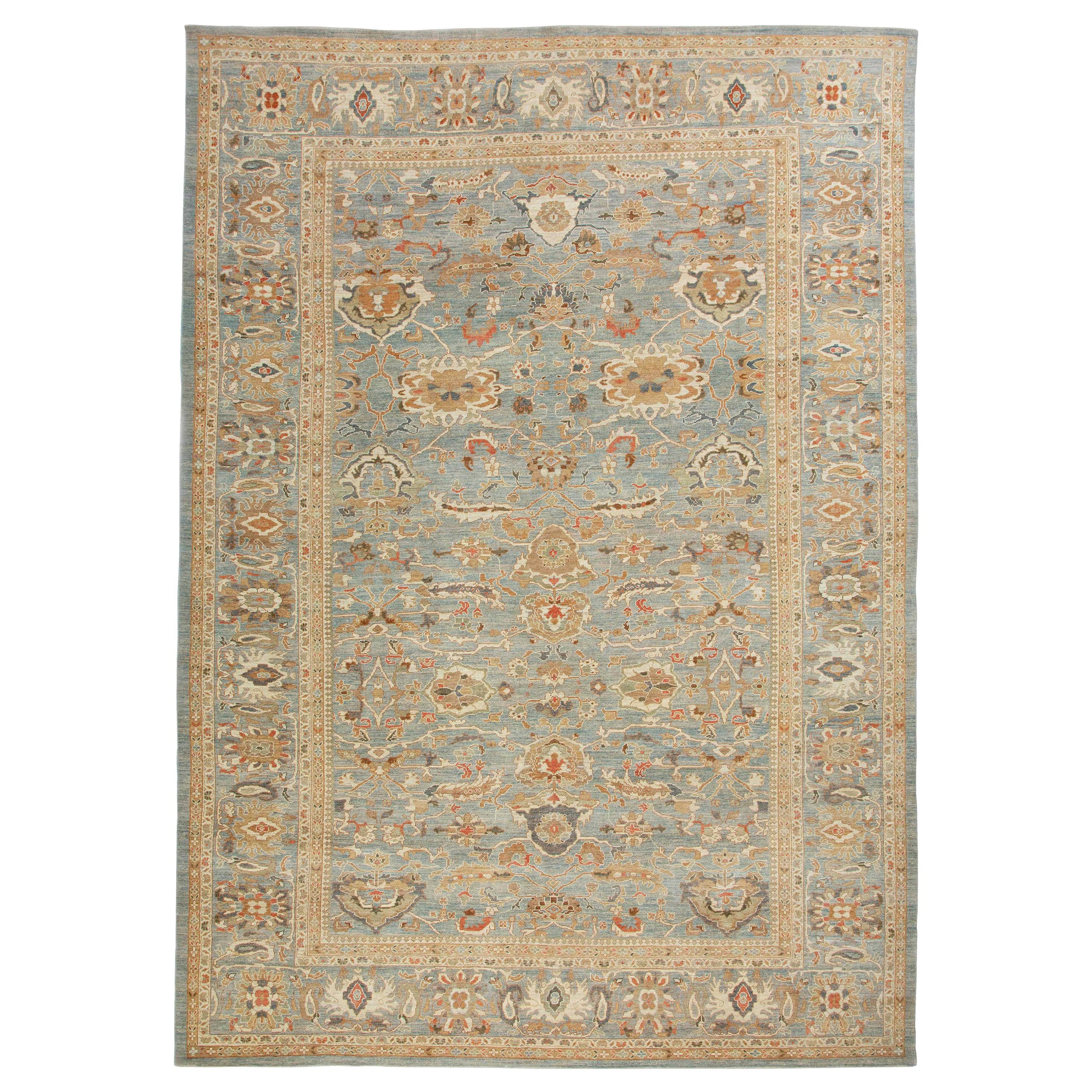 Oversize Turkish Sultanabad Style Rug with Blue Gray Floral Field For Sale